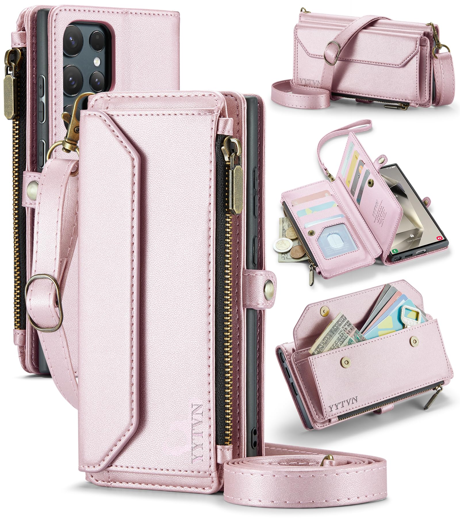 YYTVN for Samsung Galaxy S24 Ultra Wallet Case with Card Holder & Crossbody Lanyard Strap & Wrist Strap, RFID Blocking PU Leather Magnetic Flip