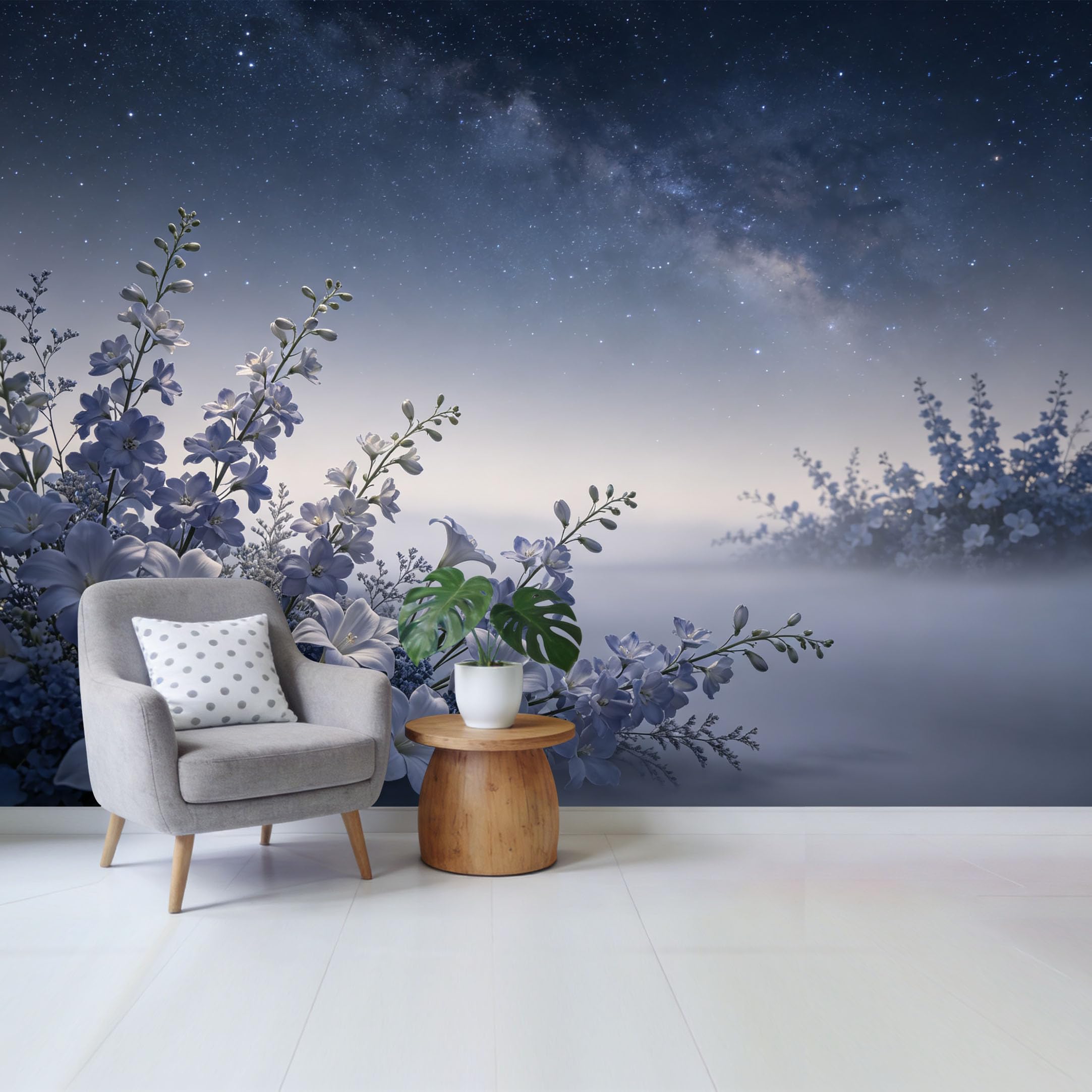 Qzlithotic Yq2605251091 Custom Size Wall Mural Blue Floral Botanical Night Sky Starry Milky Way Watercolor Selfadhesive Wall Fabric Removable Wallpaper For Home Office Decor