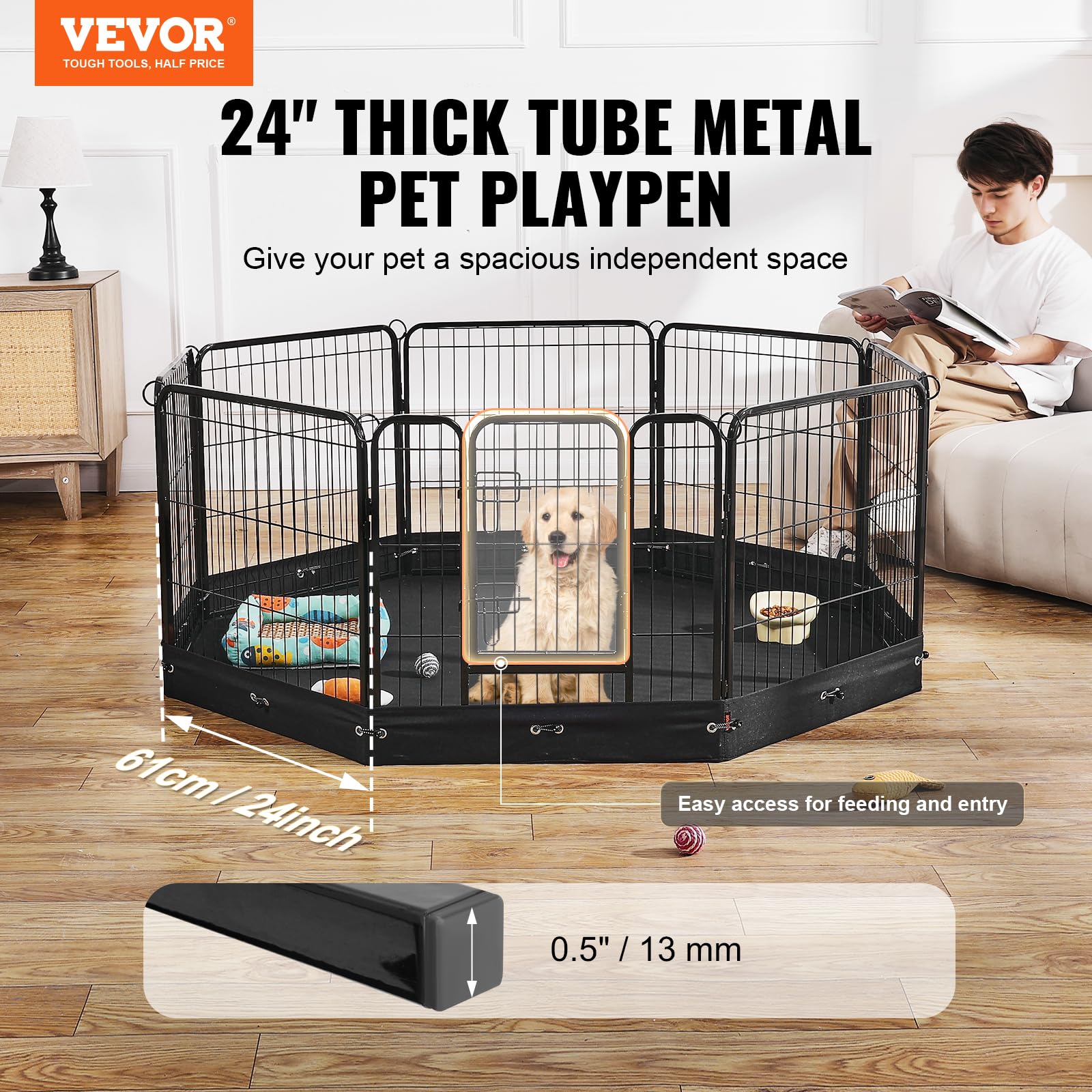 VEVOR Parque de Juegos para Perros 8 Paneles de 610 x 610 mm, Corral de Ejercicios de Metal Plegable para Mascotas con Puerta, Bolsa de Almacenamiento y Almohadilla Inferior para Perros, Gatos