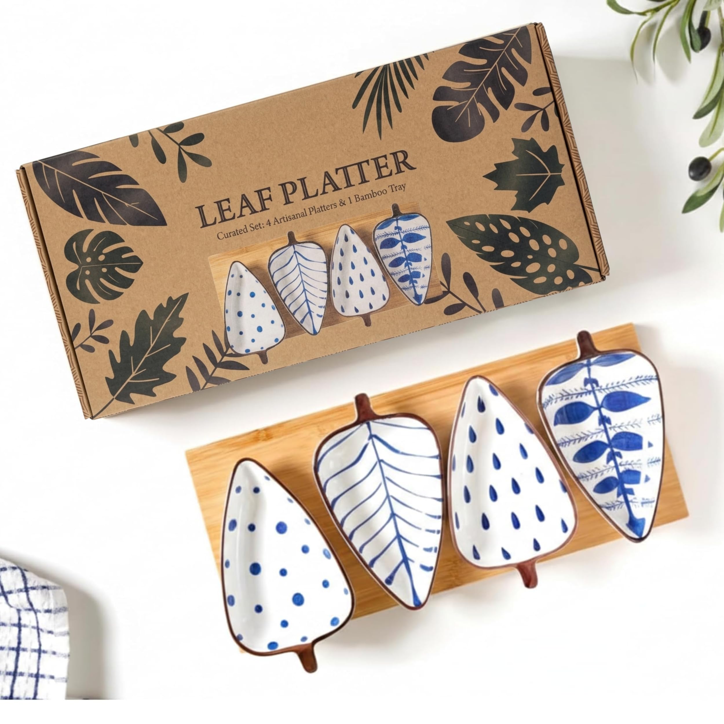 NYRWANA Leaf Bowls - Set of 4 Ceramic Plates -8