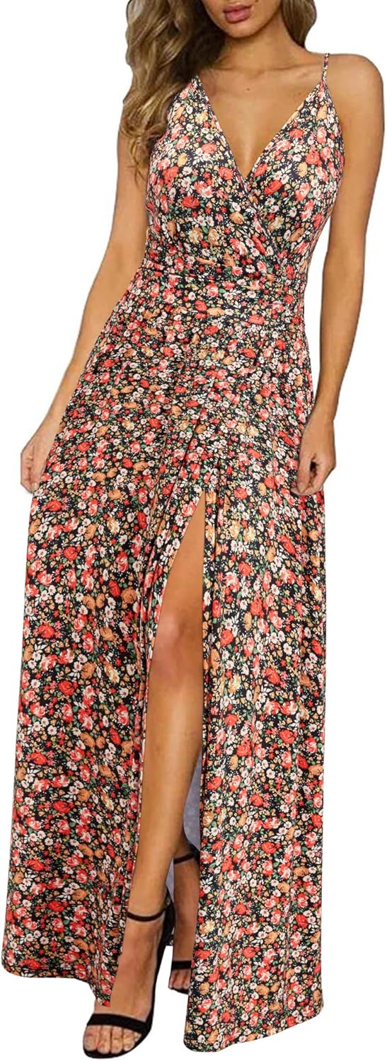 Newshows Women's 2026 Lightweight Summer Wedding Guest Beach Vacation Casual V Neck Split Flowy Maxi Dress