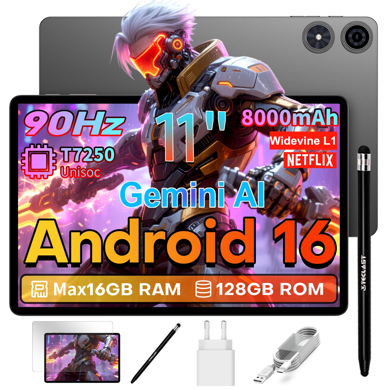TECLAST P50T Android 16 Tablet 11 Pollici Gemini AI, 90Hz Display, T7250 2GHz Octa Core Gaming Tablets, 16GB RAM+128GB ROM(5TB TF), 8000mAh, Widevine L1, 5G WiFi 6, GPS/13MP/OTG, 2026 Tablet Con Penna