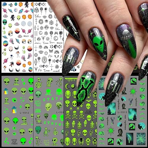 Calcomanías de arte de uñas alienígenas: 3D Astronauta Space Alien UFO Rocket Tierra Luna Estrella Calcomanías de transferencia de uñas - Diseños