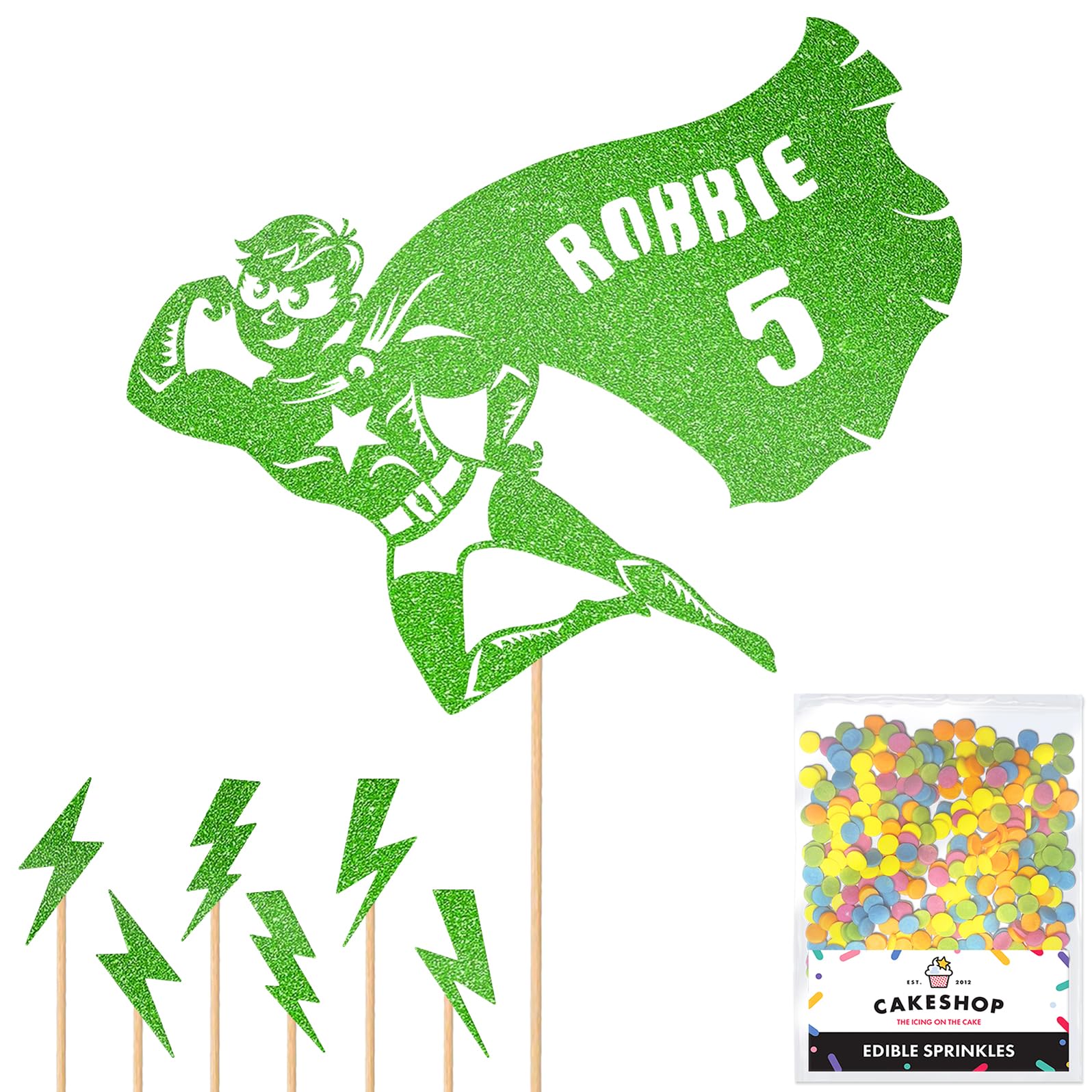 Personalised Superhero Comic Glitter Cake Topper- Green Any Custom Age & Name Glitter Cake Decoration and Sprinkles - Happy Birthday Decorations - Personalised Toppers for Cakes by Cakeshop — image 1