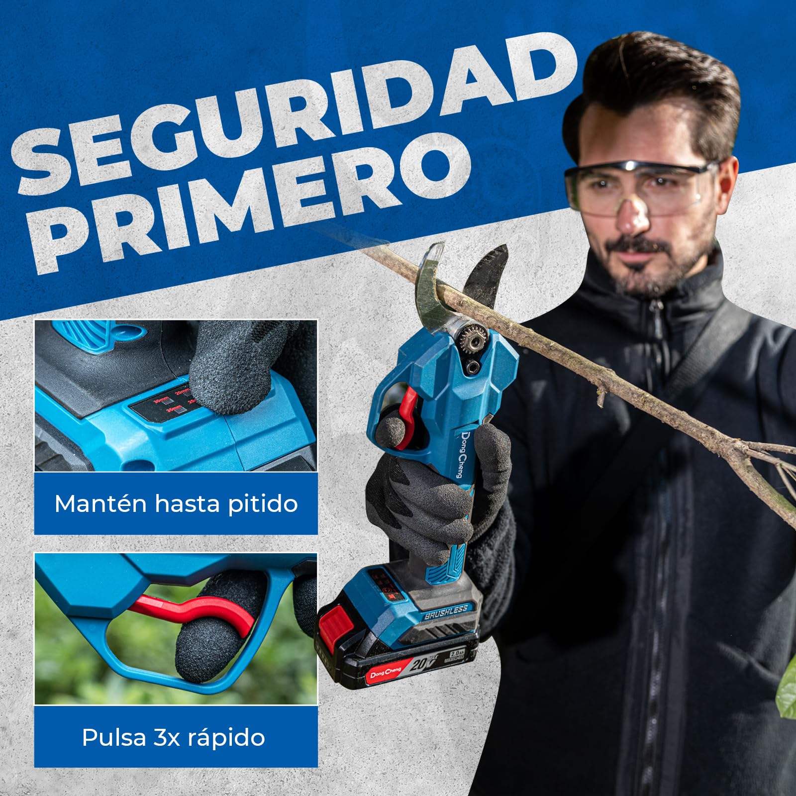 Dong Cheng Tijeras de jardín a batería de 20 V, 4 niveles de corte hasta 35 mm, motor profesional sin escobillas, 2 baterías de 2,0 Ah, cargador de 2 A, hoja SK5 – para árboles frutales, jardinería
