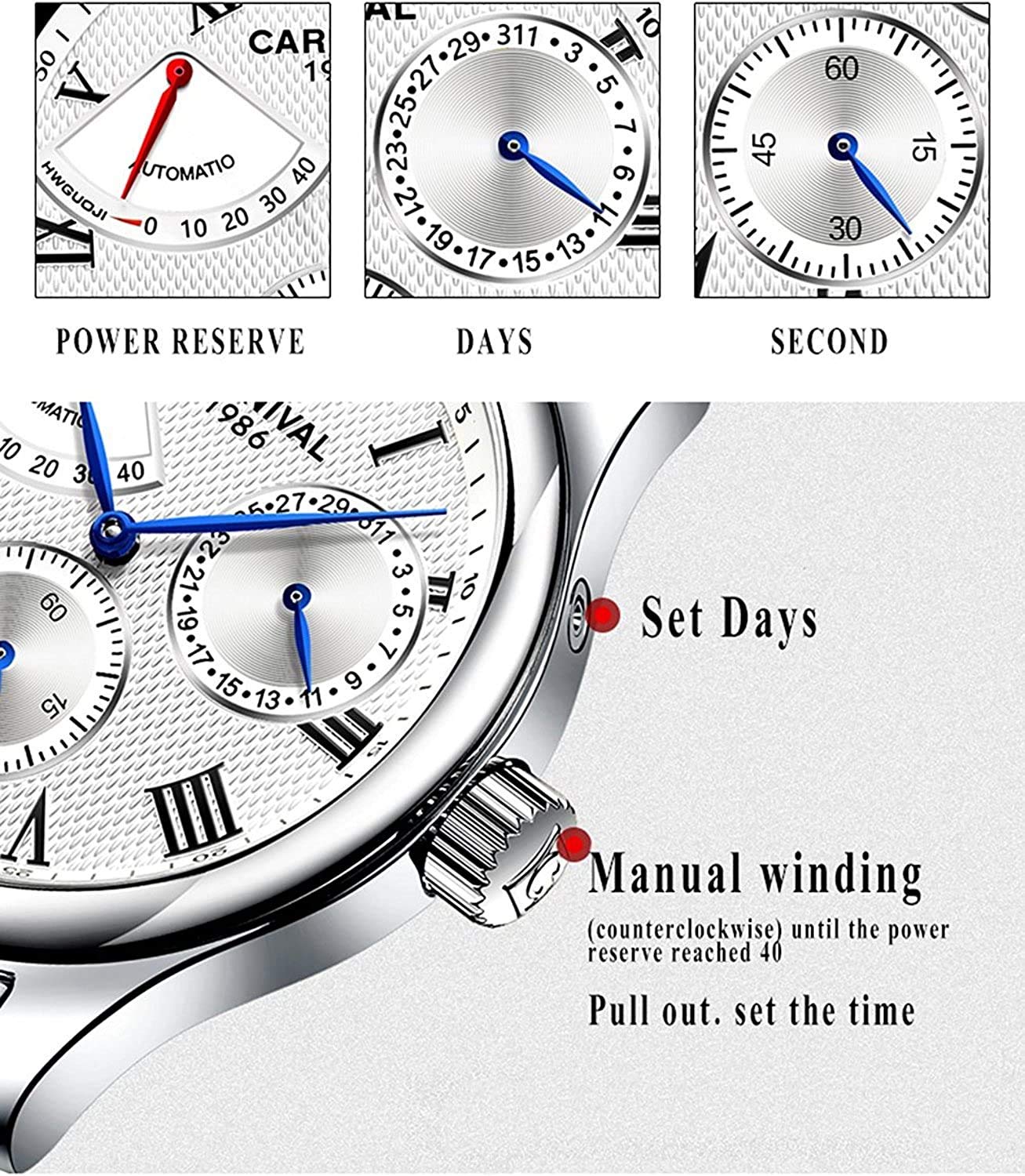 MASTOP Herren Multifunktions-Automatikuhr mit Selbstaufzug Mechanische Uhr Edelstahl Wasserdicht Gangreserve Business Analog Uhr