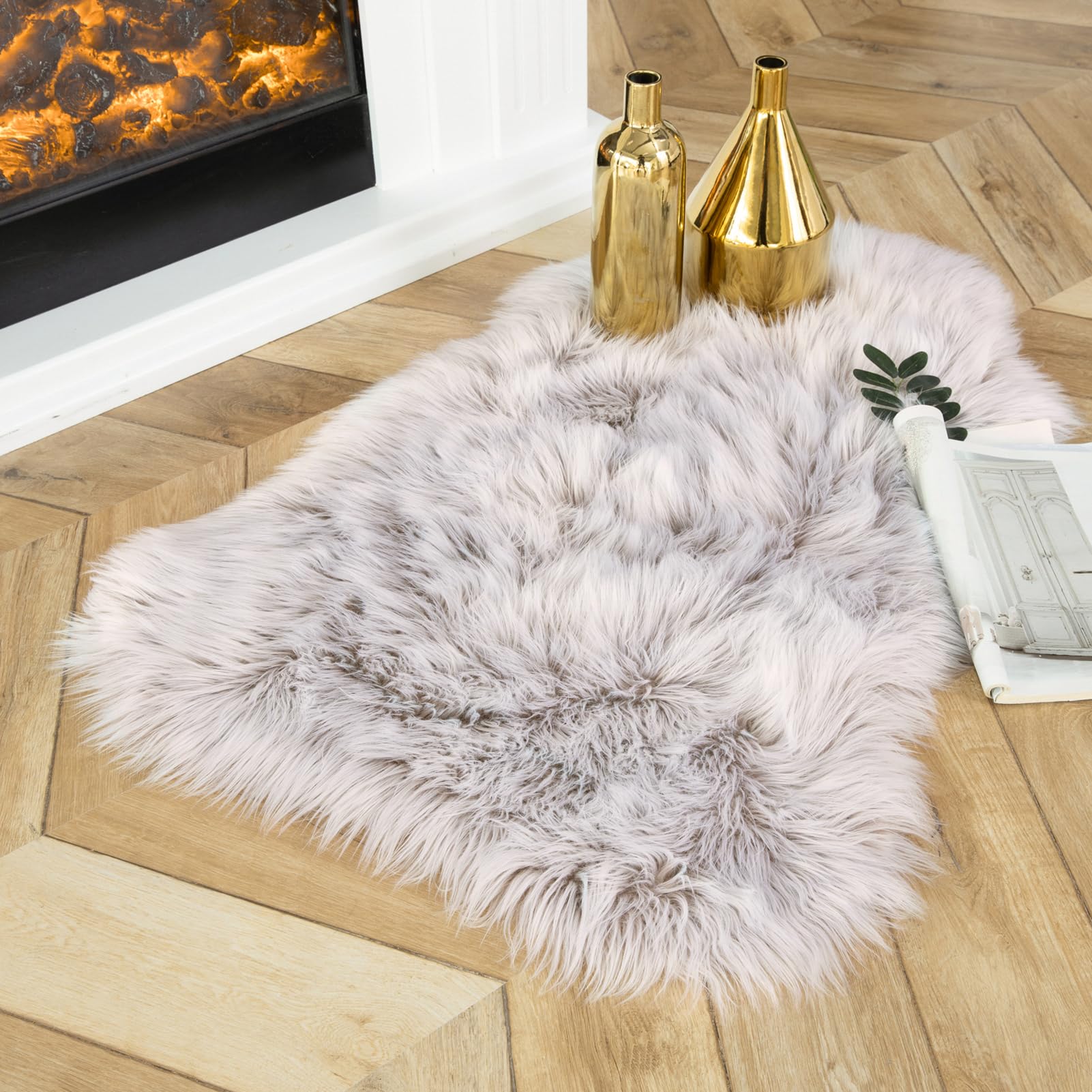 Ashler Faux Fur Rug, Fluffy Shaggy Area Rug Ultra Soft 2 x 3 Feet Sheepskin Fur Rug, Frosted Bottom Beige Fuzzy Machine Washable Shag Rug, Nursery Decor Throw Rugs for Bedroom, Living Room