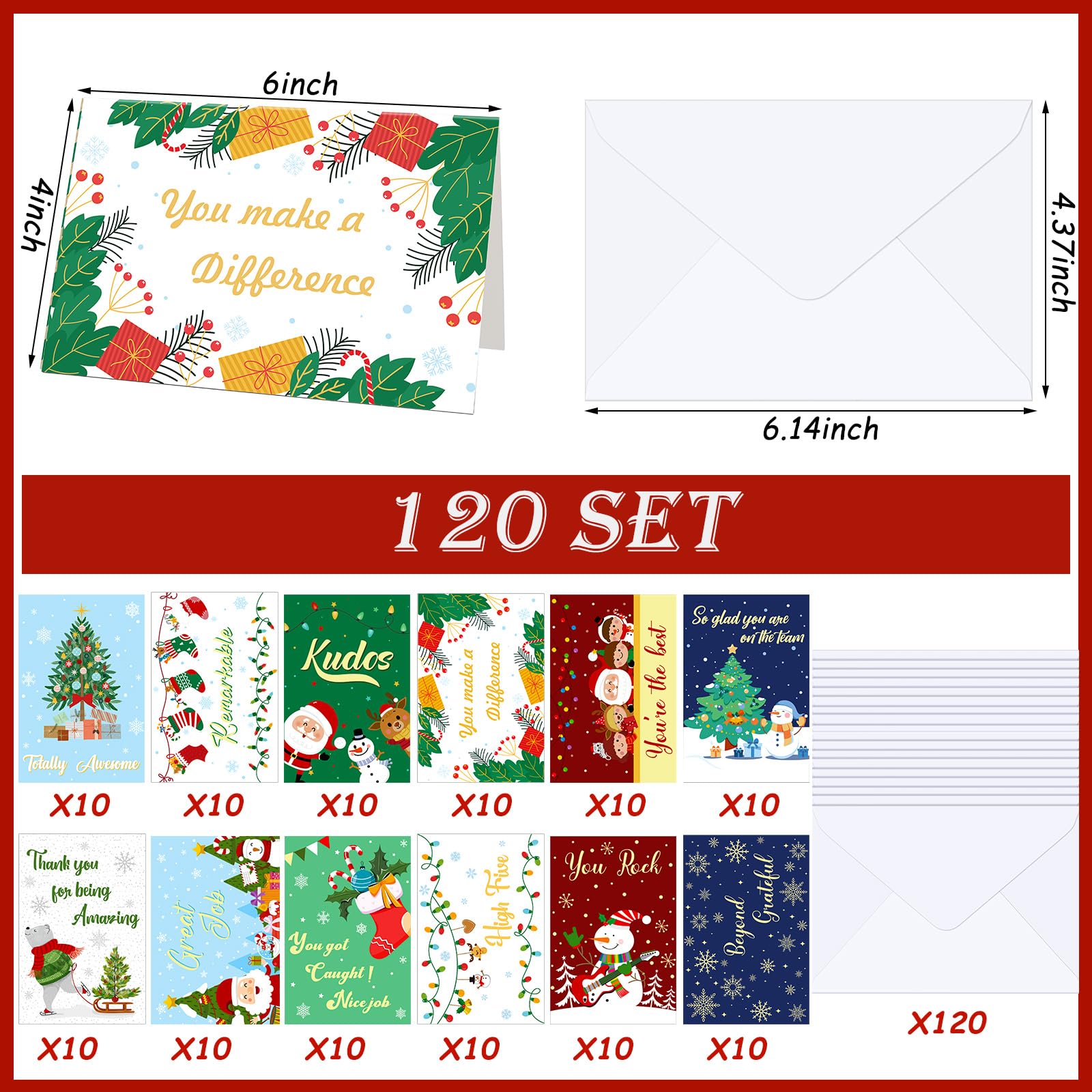 Zhanmai 240 Stück Weihnachtskarten mit Umschlägen für Mitarbeiter, Kunden, Dankeschön, motivierende Grußkarten, Postkarten, leere Rückseite, ideal für Geschäftslehrer