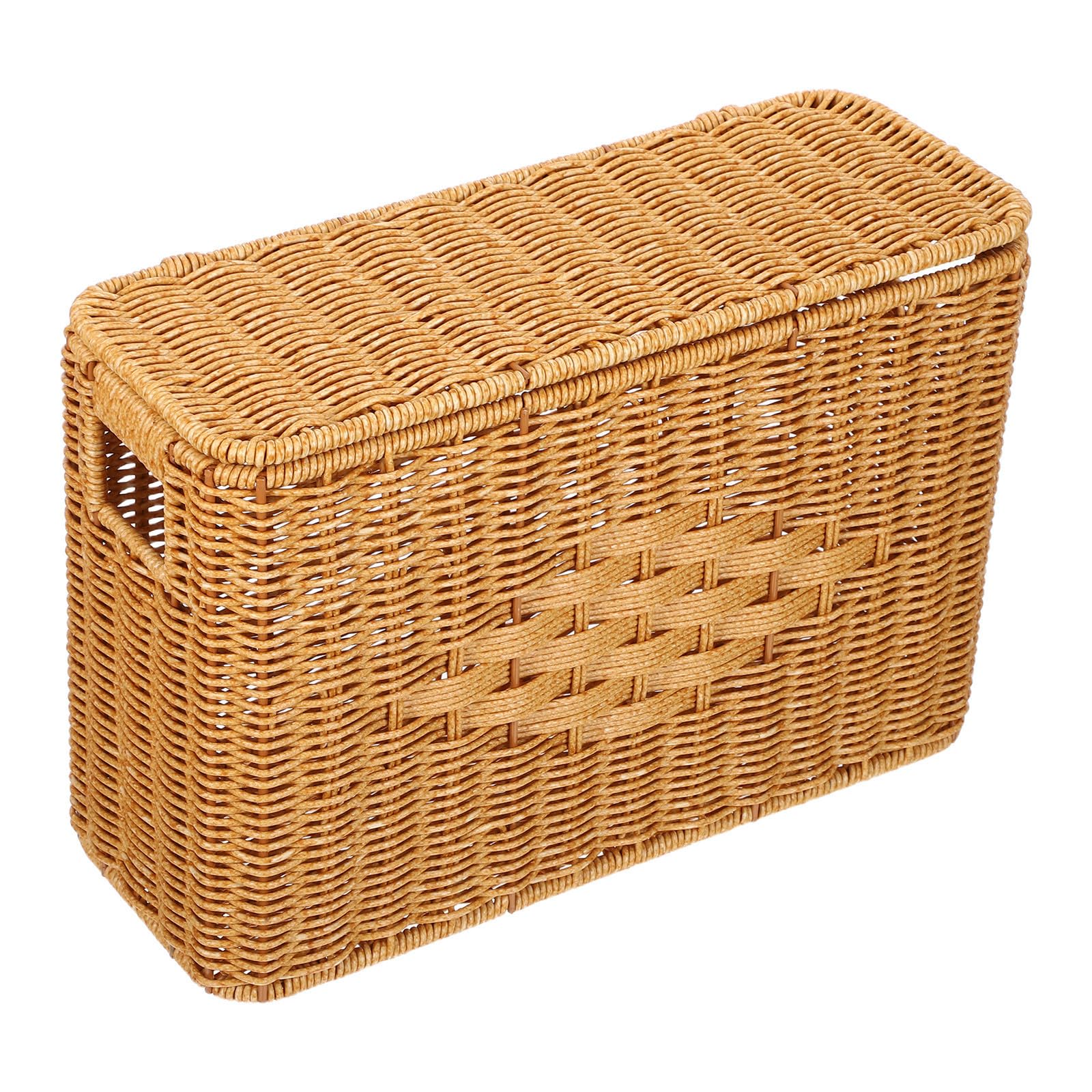 Aufbewahrungskorb aus Rattanimitat 38x26, 4x14, 9cm, Schmal Hoch | Deckel, Geflochtene Struktur, für Regal und Schlafzimmer, Platzsparende Form