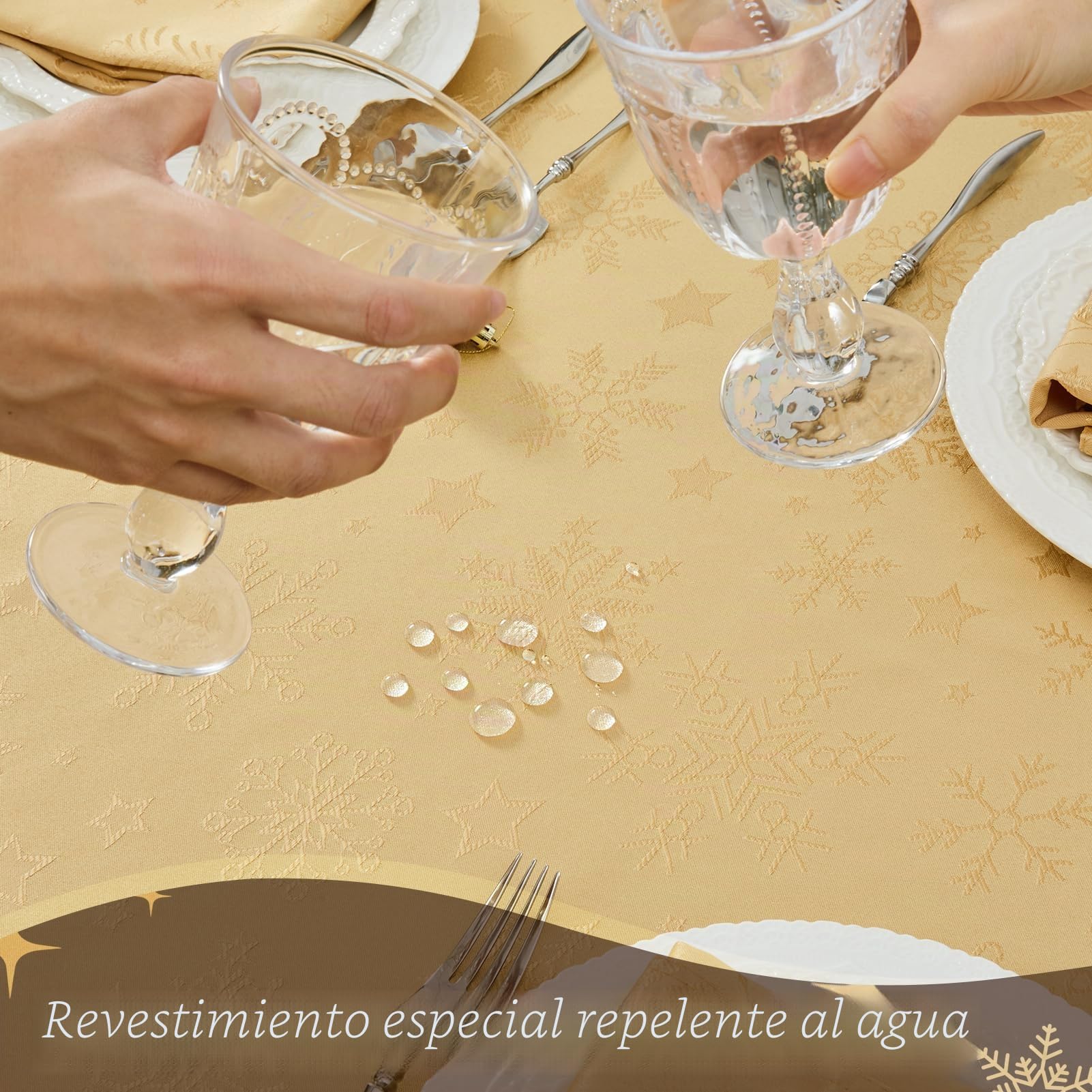 Romanstile Mantel grande de Navidad, 150 x 350 cm, dorado, lavable e impermeable, jacquard, estrellas y copo de nieve, rectangular, XXL, mantel para invierno, decoración navideña, fiesta, Navidad