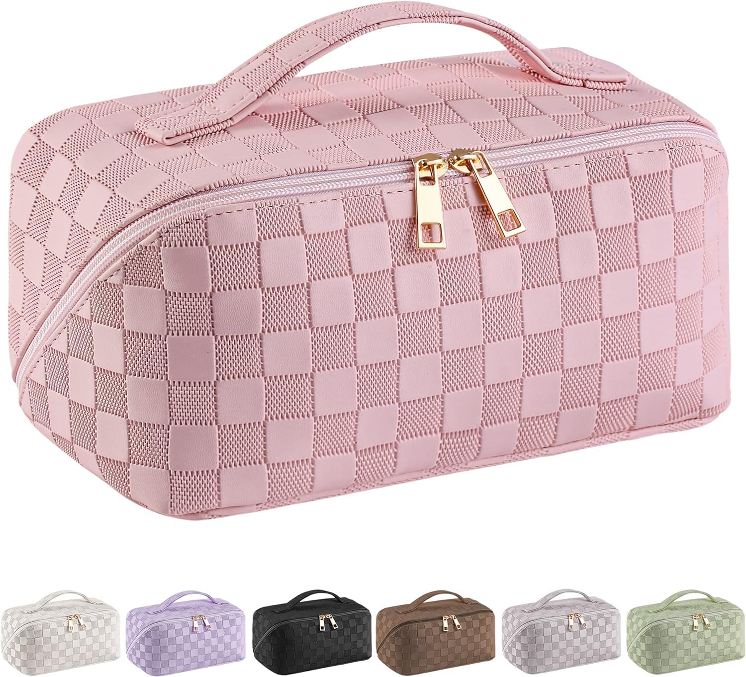 Travel Makeup Bag - Waterproof Cosmetic Bags for Women and Girls, Make Up Organizer with Dividers and Handle, Aesthetic Makeup Bags for Traveling (Pink)