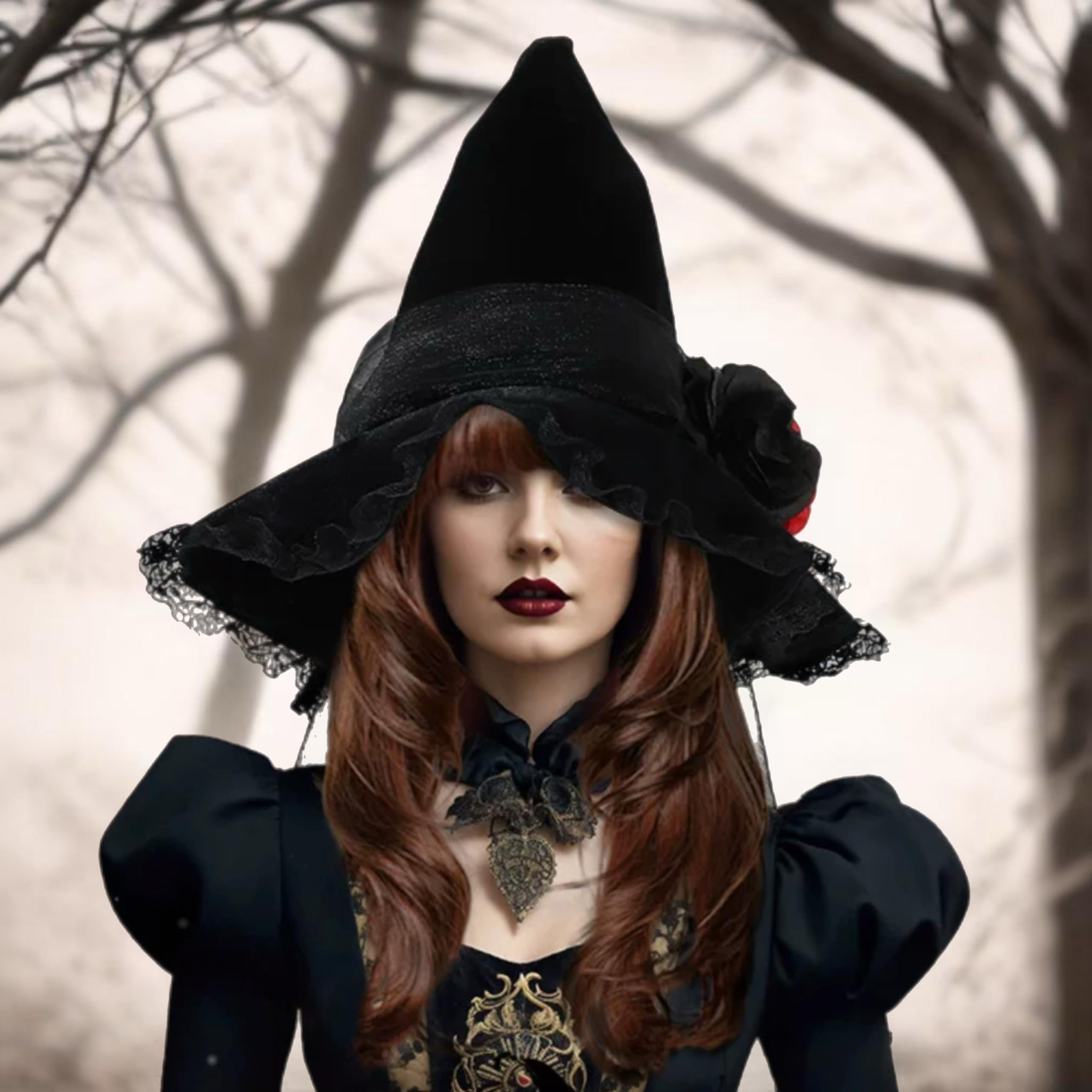 eBoutik, Delux Witch Hat for Adults Halloween Costume Hat with Spider Web Veil, Fancy Floral Headwear - Image 4