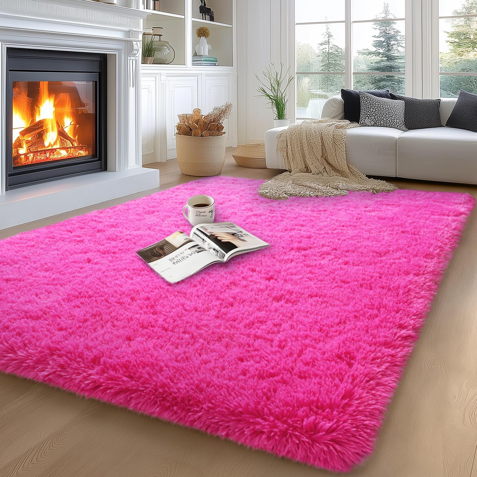 qulint 5x7 Area Rug for Living Room, Fluffy Hot Pink Rugs for Bedroom Soft Shag Shaggy Large Carpet for Nursery Kid Room, Fuzzy Plush Alfombra for Boy
