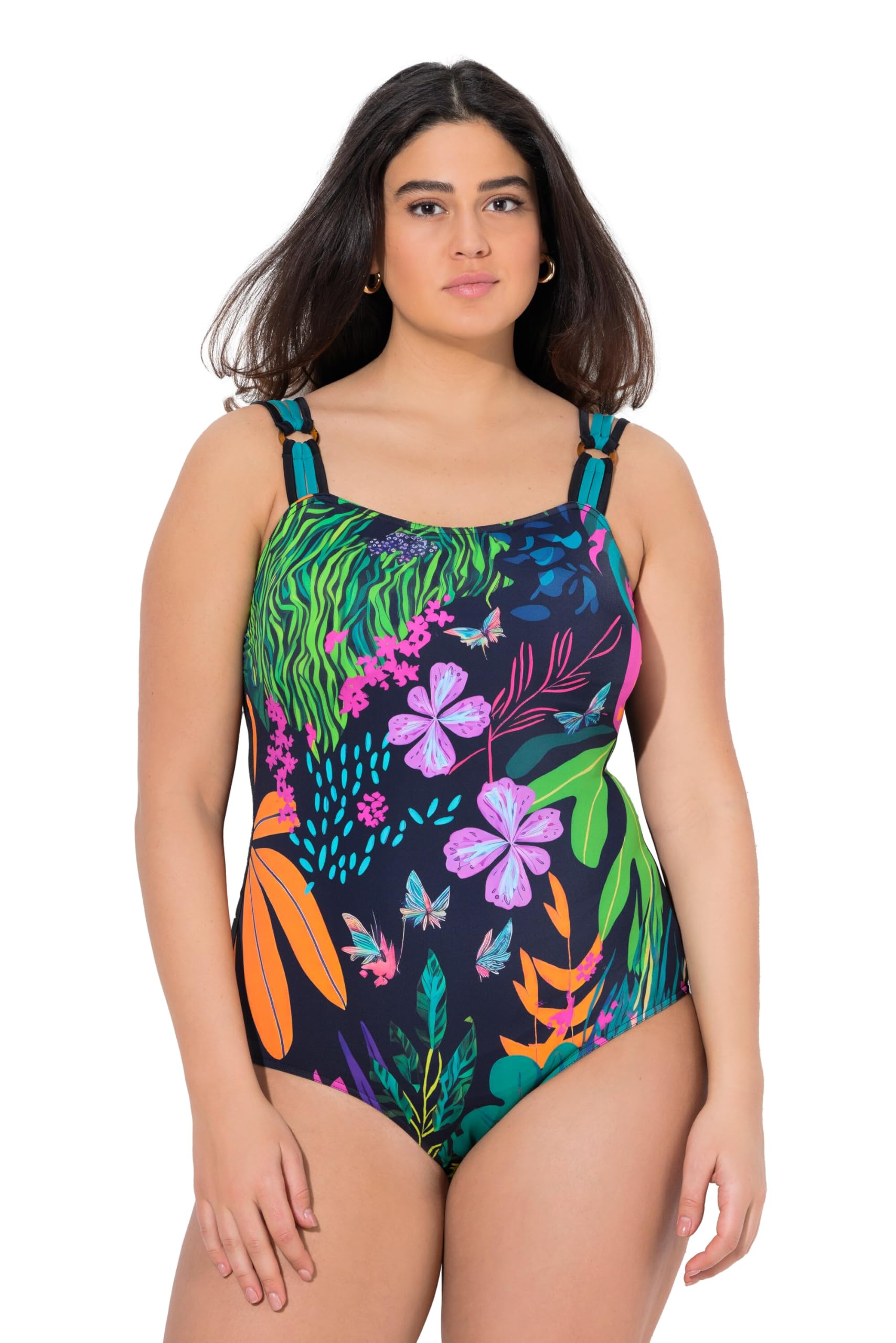 Ulla Popken Damen große Größen Übergrößen Plus Size Badeanzug, Blüten, 4er-Träger, Softcups, recycelt 837673