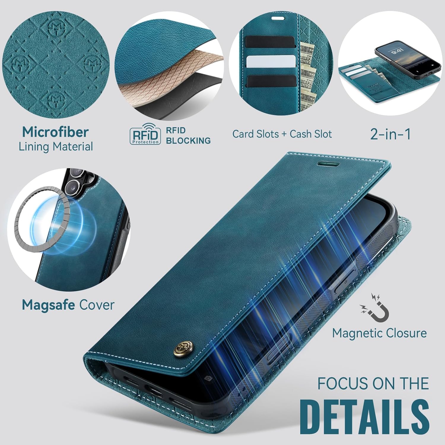 Kowauri Case for iPhone 17, PU Leather Wallet Flip Case with Card Holder RFID Blocking, Magnetic Detachable Shockproof Phone Cover Wireless Charging Compatible for iPhone 17 (6.3 inch), Teal - Image 4