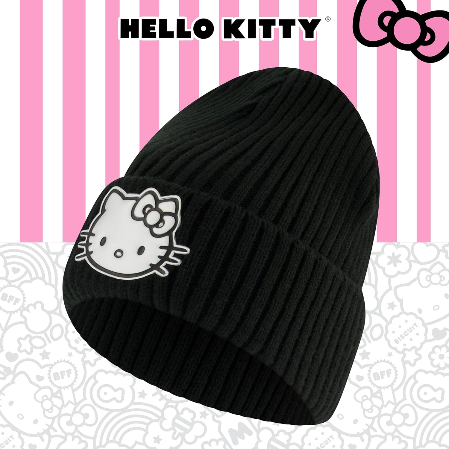 Hello Kitty Beanie Hat, Women's Acrylic Cuffed Knitted Winter Cap, Black, One Size - Image 6