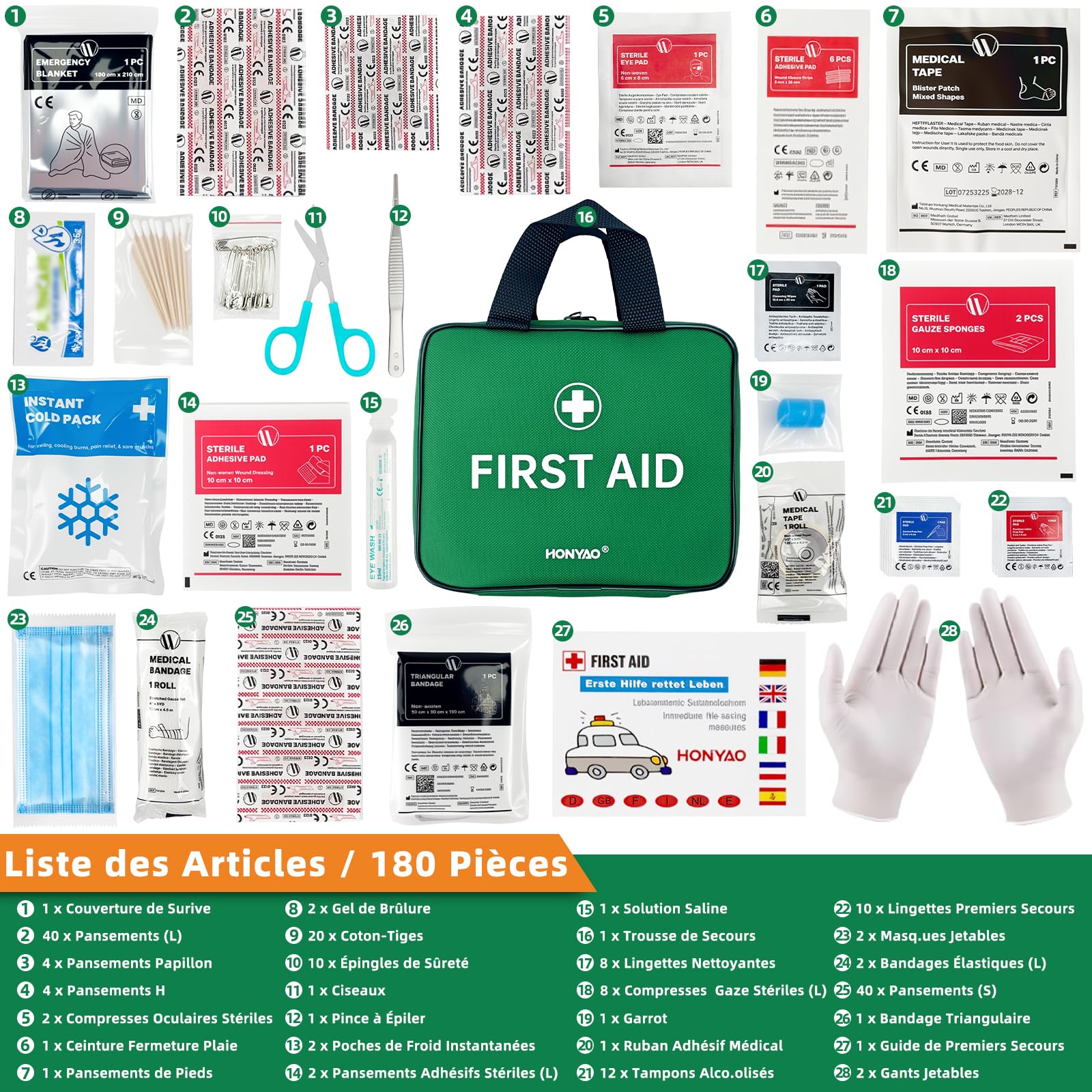 HONYAO Trousse de Secours 180 Pièces, Kit Premier Secours Complète, Trousse à Pharmacie pour Maison Voiture Sport Voyage Camping Enfant Lieu de Travail, Vert
