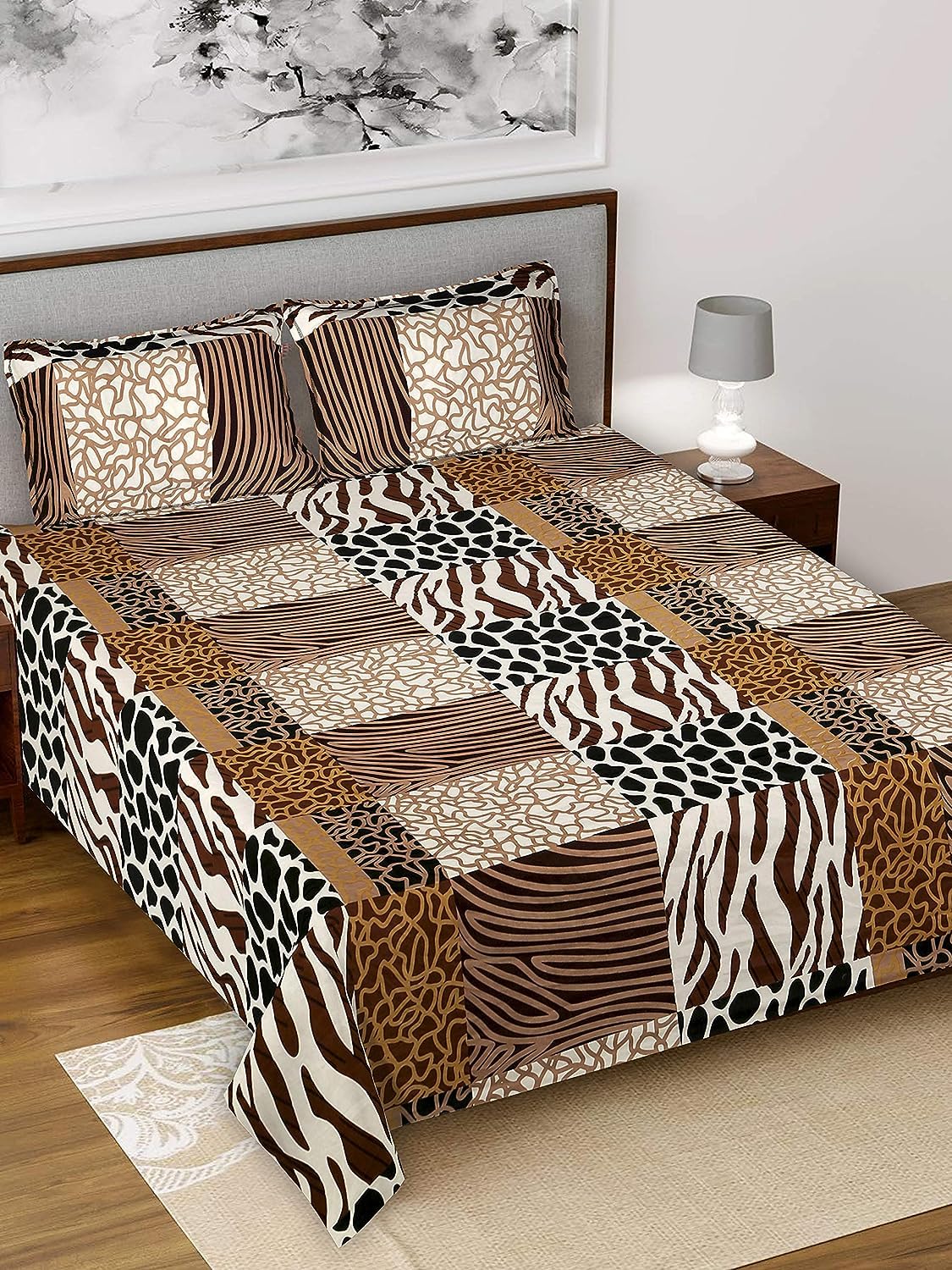 Kuber IndustriesKuber Industries Abstract Waves Print Glace Cotton Double Bedsheet with 2 Pillow Covers (Brown)-KUBMART011372