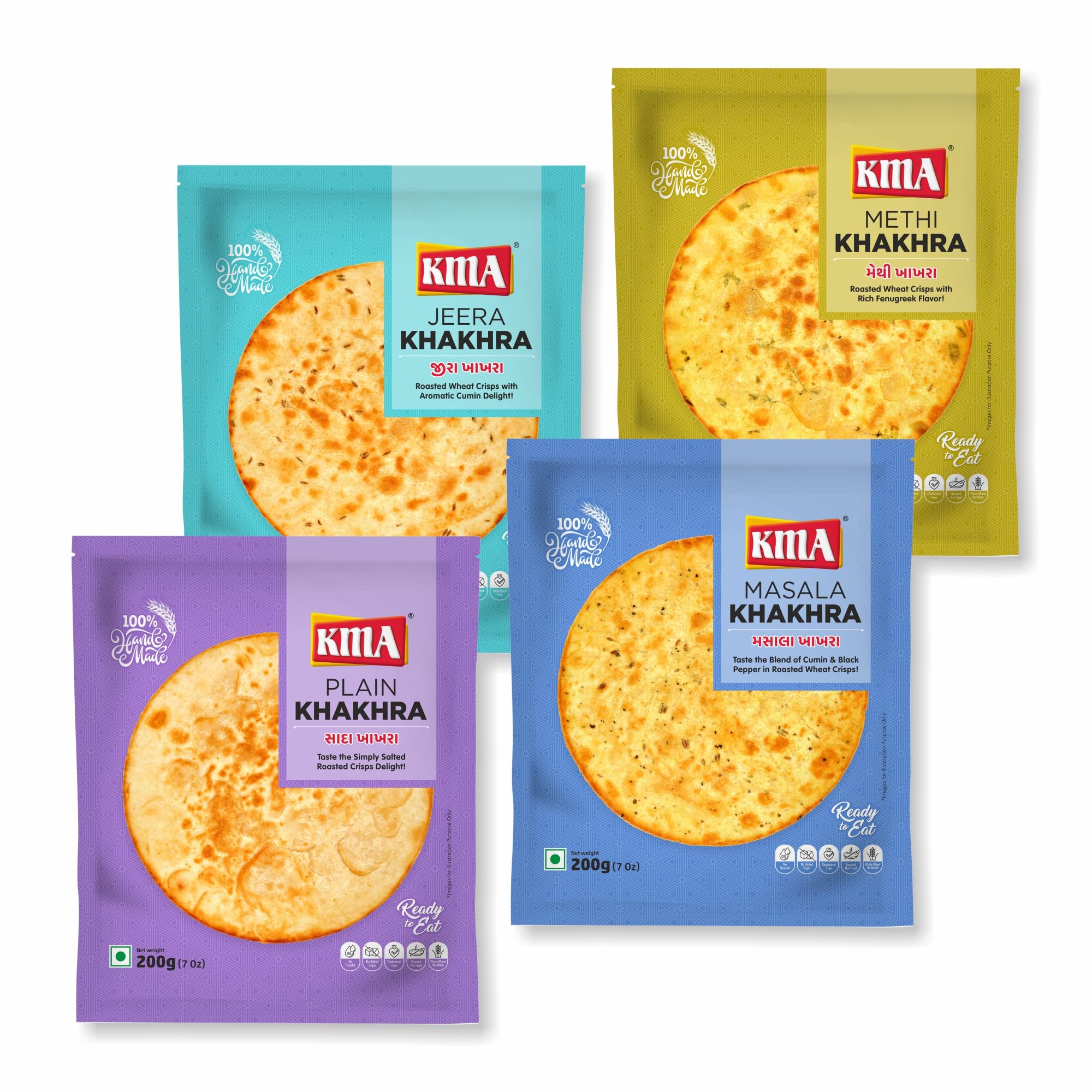 KMA Gujarati Khakhra Traditional Flavors Combo 800g (4 packs * 200g each) - Plain , Jeera , Methi & Masala , Handmade Roasted Fresh Snacks , Ready to Eat Indian Whole Wheat Delight , Crispy & Nutritious with Authentic Taste , Healthy Diet without Maida , Low Calorie Snack