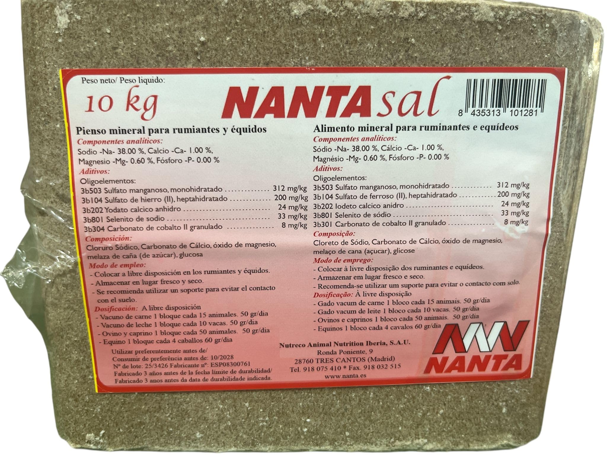 Bloque Piedra Sal compactada de minerales para rumiantes y équidos. 10 kg. NANTASAL
