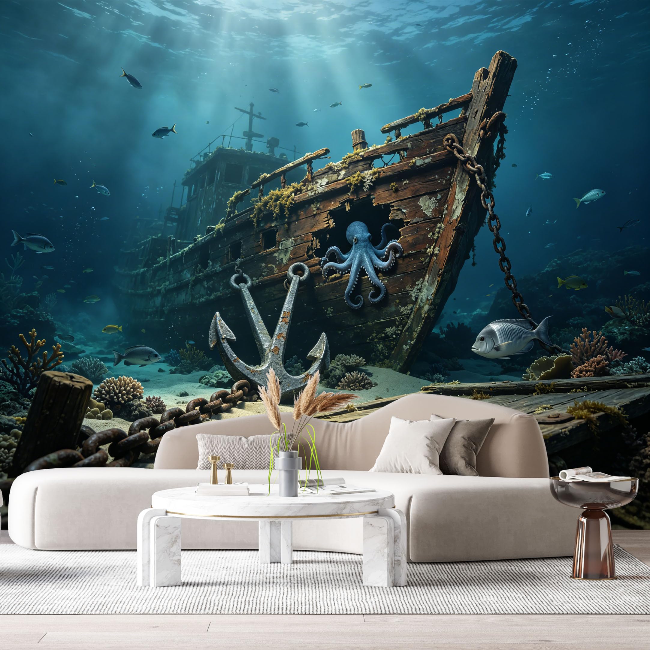 Custom Size Wall Murals Ocean Marine 3D Trompe L'Oeil Shipwreck Octopus Anchor Starfish SelfAdhesiveWall Fabric Removable Wallpaper Wall Decor for Living Room Bedroom Bathroom