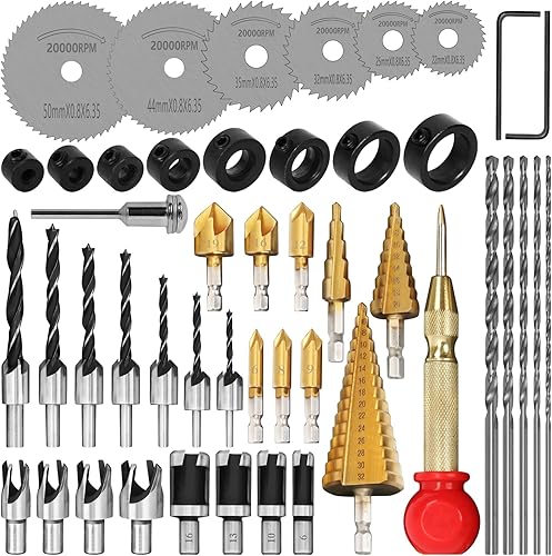LAMPTOP 47 herramientas y accesorios para carpintería, incluyendo juego de brocas avellanadas, cortador de enchufe de madera, broca escalonada,