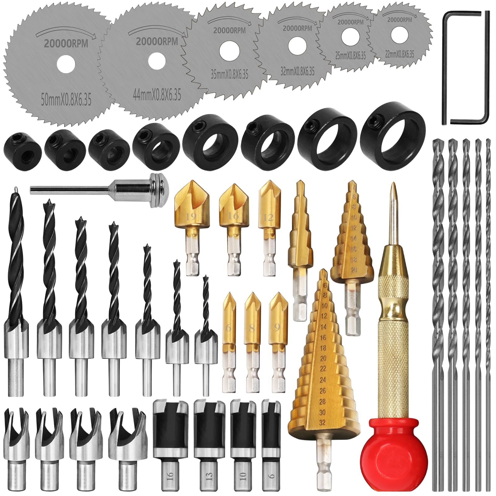 LAMPTOP 47 Pcs Woodworking Tools and Accessories, Including Countersink Drill Bit Set, Wood Plug Cutter, Step Drill Bit, Saw Blades, Drill Stop Bit