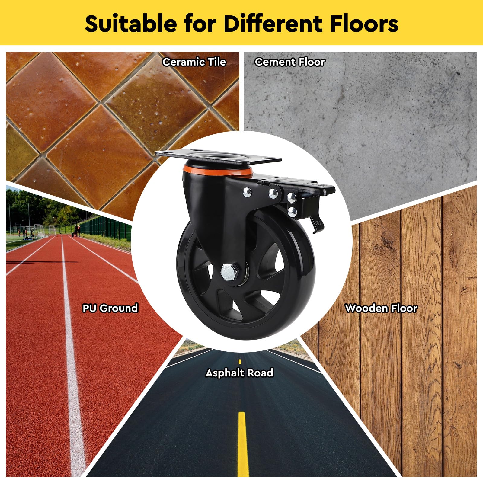 SWAWIS 4Pcs Ruedas Giratorias 150mm, Ruedas Pesados con Freno, Rueda Pivotantes Poliuretano con Tornillos Hasta 800kg, Ruedas para Muebles, para Hogar Oficina Fábrica