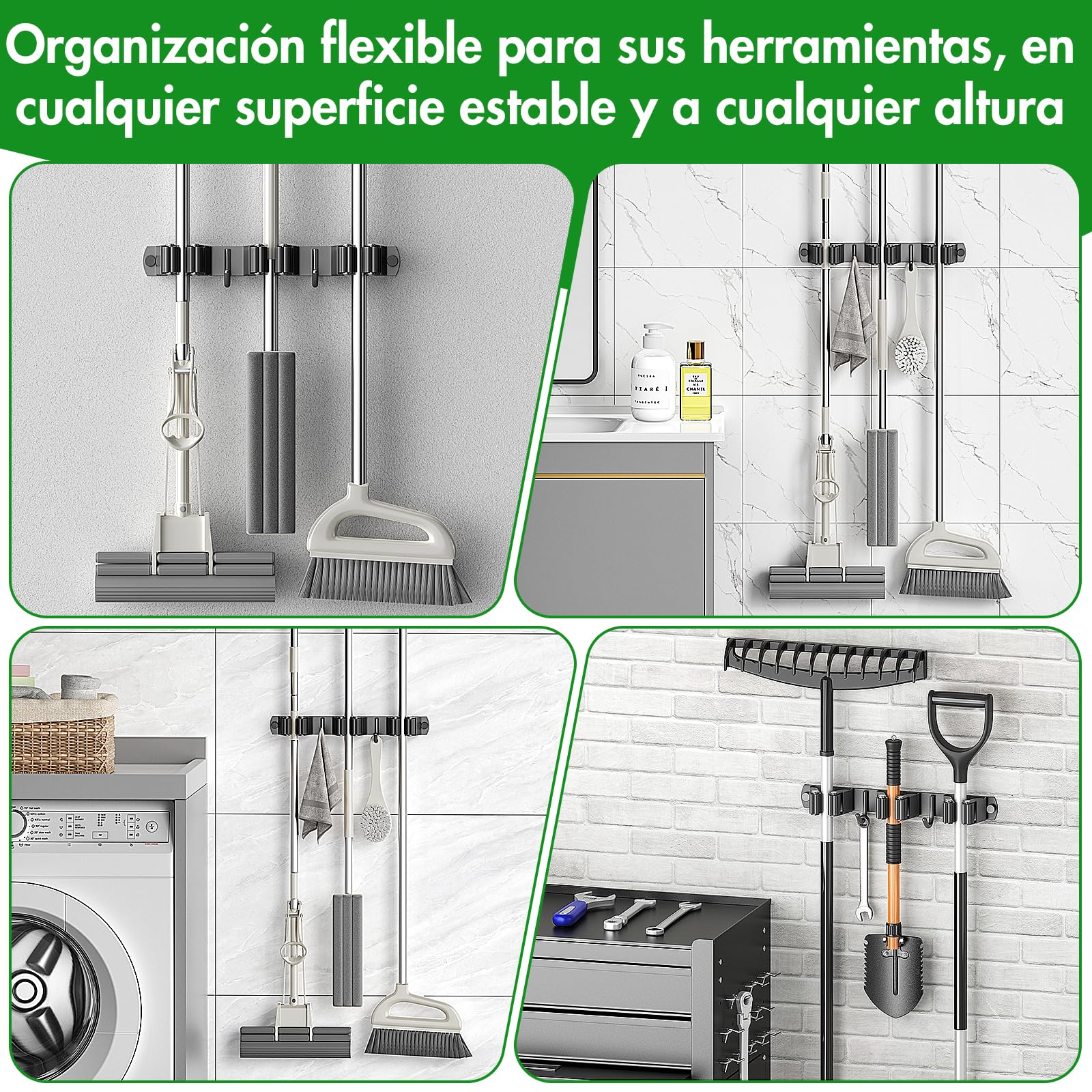 Radikor Colgador Escobas y Fregonas, Soporte Escobas Pared Adhesivo con 3 Soportes y 2 Ganchos, Sujeta Escobas Pared Atornillable, Portaherramientas de Jardín, Soporte para Fregona Escoba, Negros
