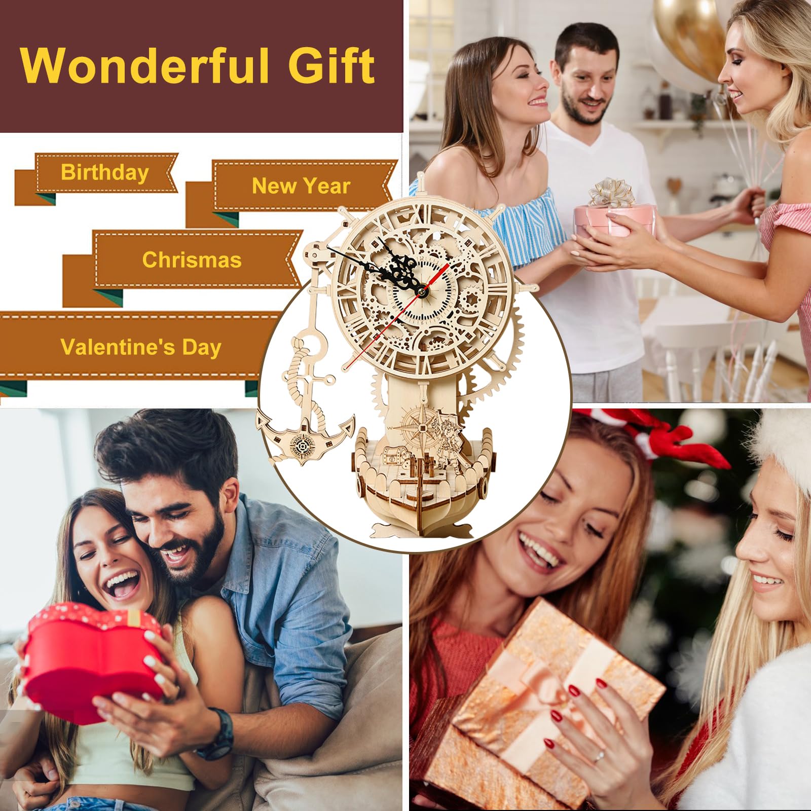 3D drewniane puzzle dla dorosłych, 3D drewniany zegar puzzle mechaniczne model, Drewniany zegar DIY z pirackim statkiem, DIY świąteczne prezenty urodzinowe, 123 elementy