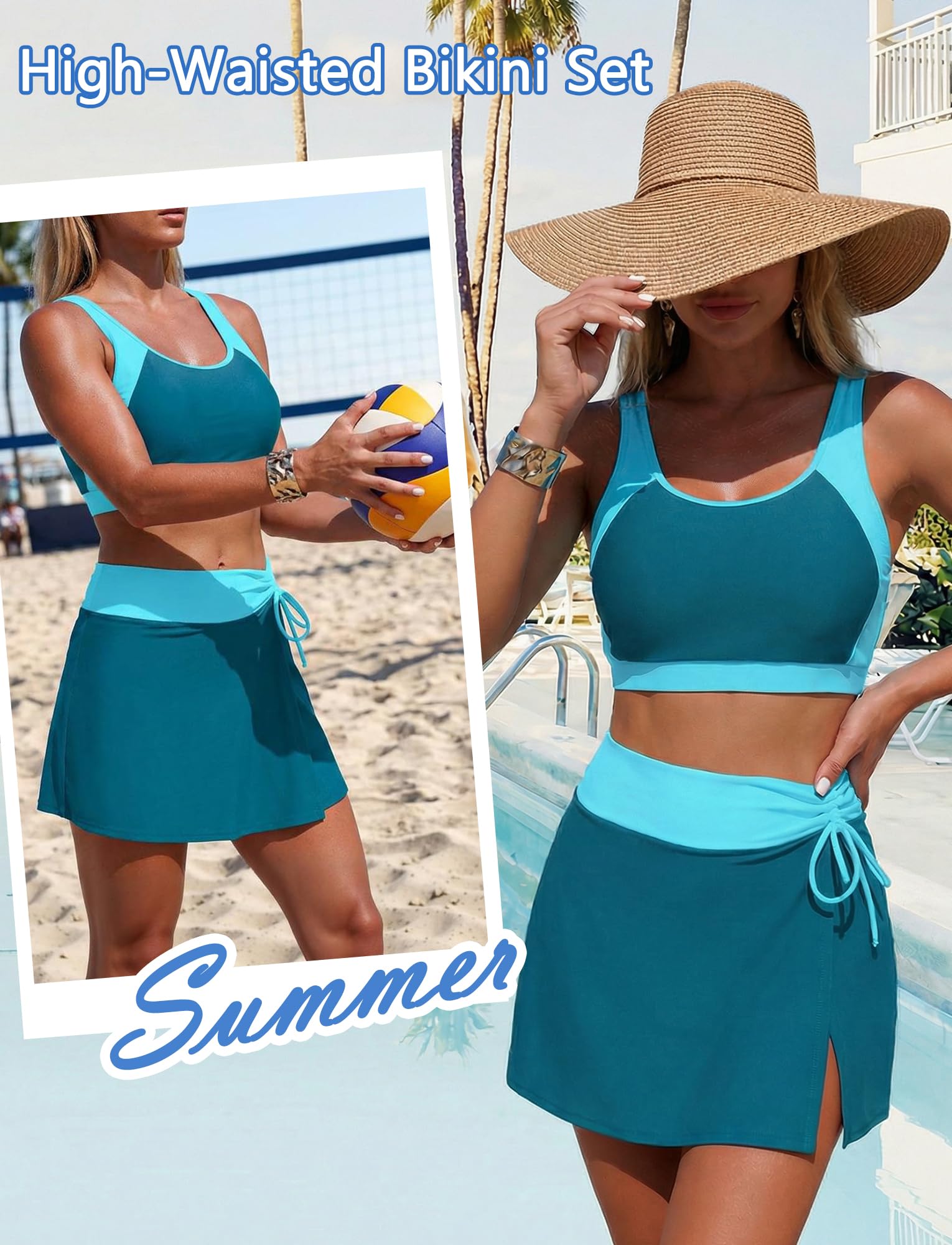 Costume da bagno da donna, 2 pezzi, sportivo, con scollo a U, push up, estivo, spiaggia, calcio, sportivo, S-2XL