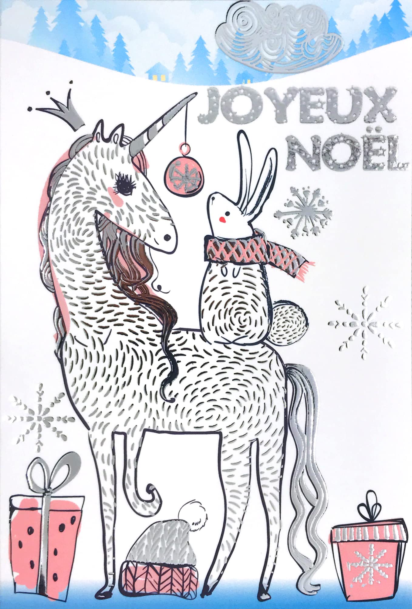 Afie 61-5676 Merry Christmas Card with Envelope and Shiny Silver Sparkling Sparkling Unicorn Horn Crown Pony Horse White Scarf Pink Gifts For Little Girl - Image 2