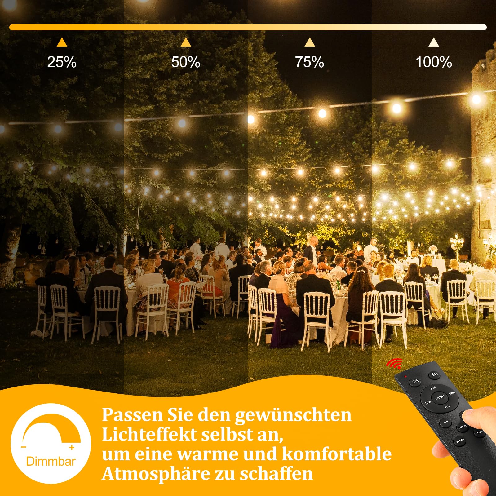 45M LED Lichterkette Außen Strom mit Fernbedienung, Wetterfest Lichterketten Glühbirnen mit Bruchsicheren Retro Birnen, Dimmbar Outdoor Aussenlichterkette für Terrasse Balkon Garten Party Pavillon
