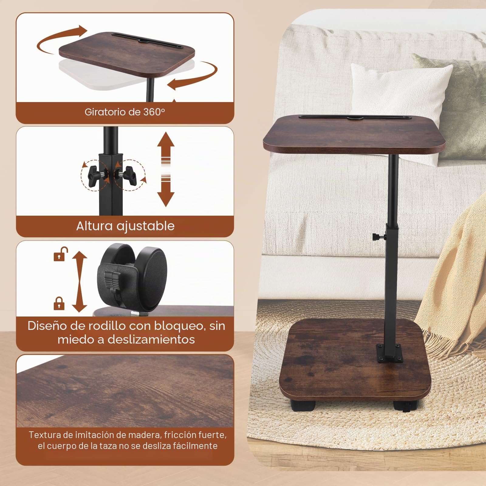 Mesa En C De Altura Ajustable con Plato Giratorio De 360° Y 4 Ruedas, Mesa Giratoria para Sofá, Cama Y Espacios Pequeños - Mesa Auxiliar Móvil con Frenos De Estacionamiento (Nogal)