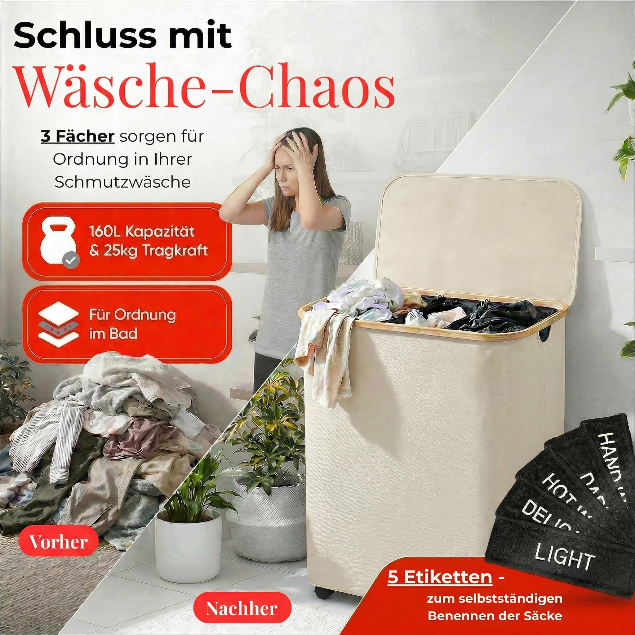 HomyFeel - Wäschesammler 3 fächer rollbar, 160L, Wäschekorb mit Deckel, herausnehmbare wäschesack, Wäsche sortiersystem, Oxford Gewebe, Wäschebox auf Rollen, Griffe aus Bambus, 57x37,5x79cm, Weiß - 2