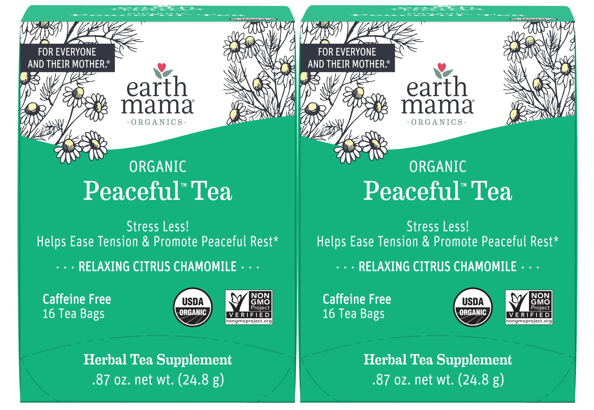Earth Mama Organic Peaceful™ Tea | Stress Less! Calming, Relaxing Herbal Blend Safe for Pregnancy & Beyond, 16 Teabags Per Box (2-Pack)