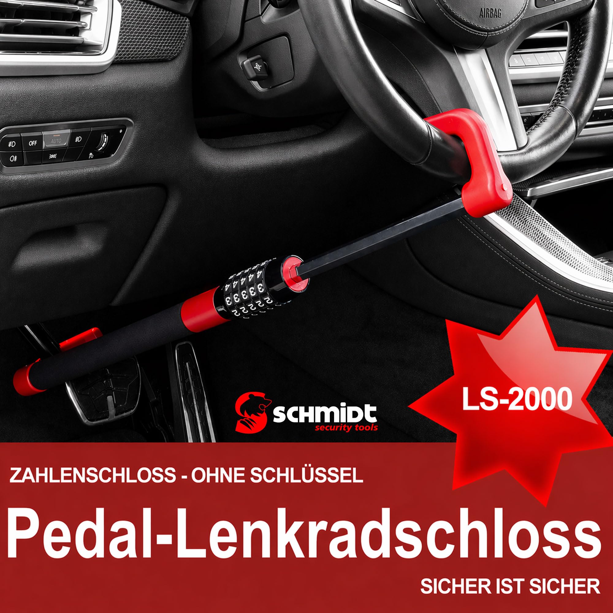 SCHMIDT security tools Blocco del pedale del volante Dispositivo antifurto da 49,5-78 cm Blocco del pedale