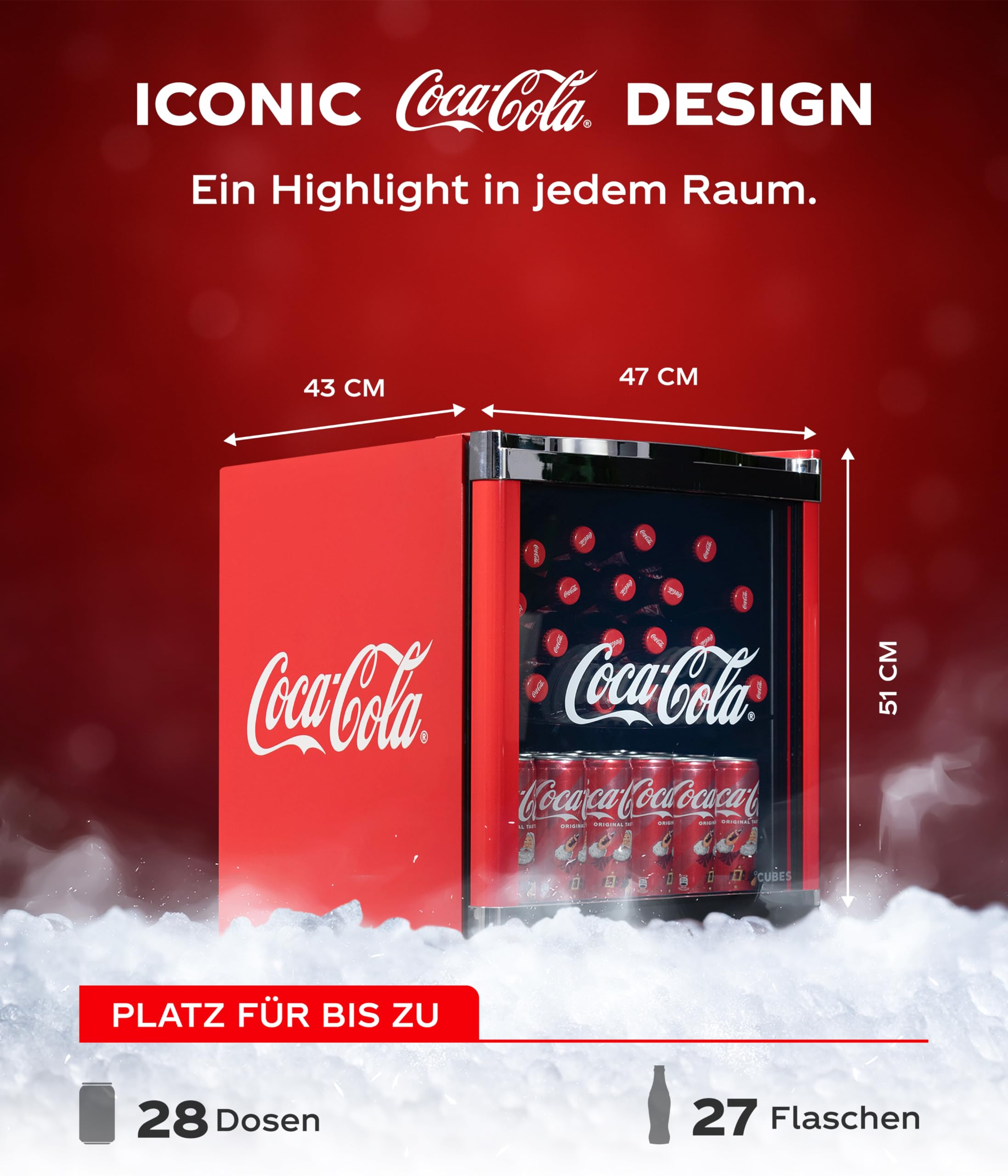 Coca-Cola Mini Kühlschrank Rot 48L Getränkekühlschrank Glastür leise energieeffizient
