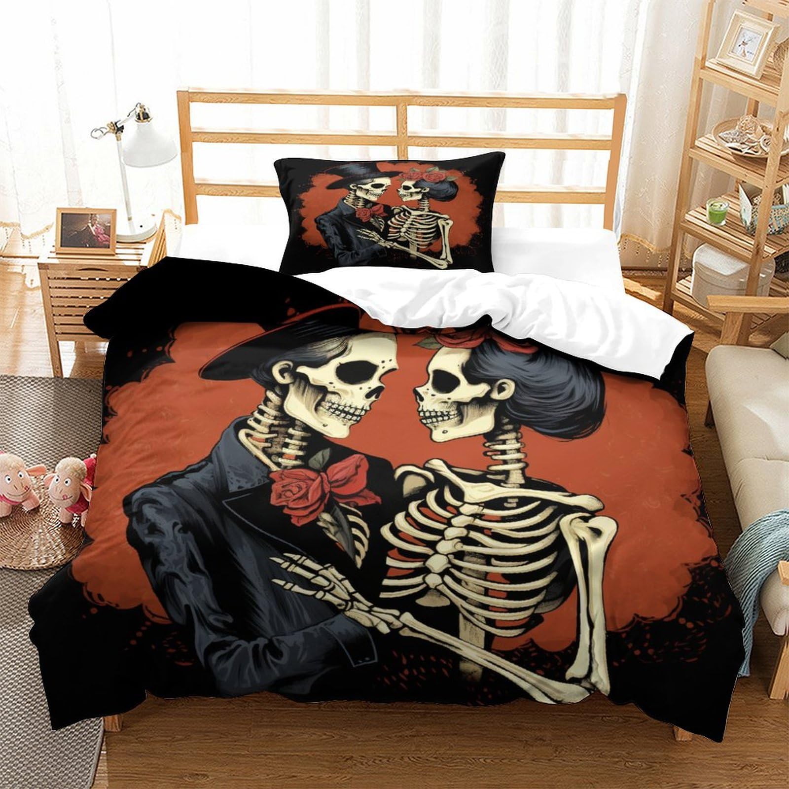 P1S9U7W5Y Gothic Couple Skeleton 3D Printed Duvet Cover Set 3pcs Microfiber Skeleton Bedding Set Single