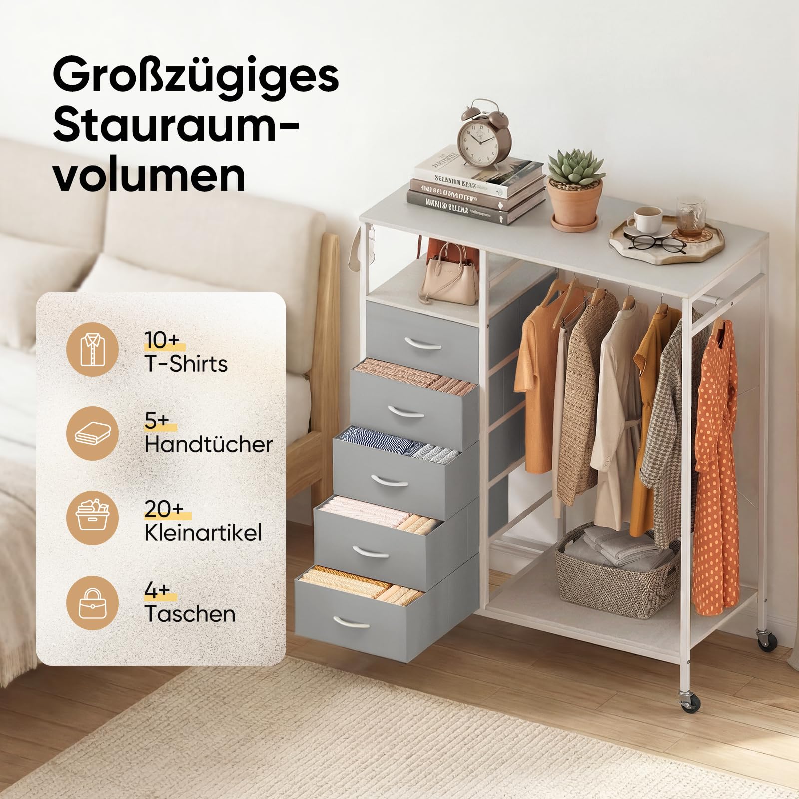 HOKEEPER Kleiderständer auf Rollen | Kleiderstange, Kleiderschrank, Clothes Rack, 4 Rollen, 2 feststellbar, einfache Montage, langlebig, Offener Kleiderschrank