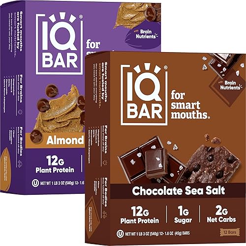 IQBAR Brain and Body Keto Protein Bars - Chocolate Sea Salt and Almond Butter Chip - 12 barras energéticas - Barras de proteína bajas en