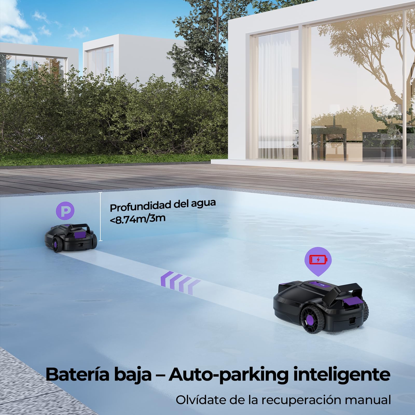 S2 Robot Limpiafondos Piscina, Batería de Doble Motor, 130Min de Autonomía para Piscinas Elevadas de hasta 100m², Sube Pendientes de 18°, Estacionamiento Auto, Doble Filtración