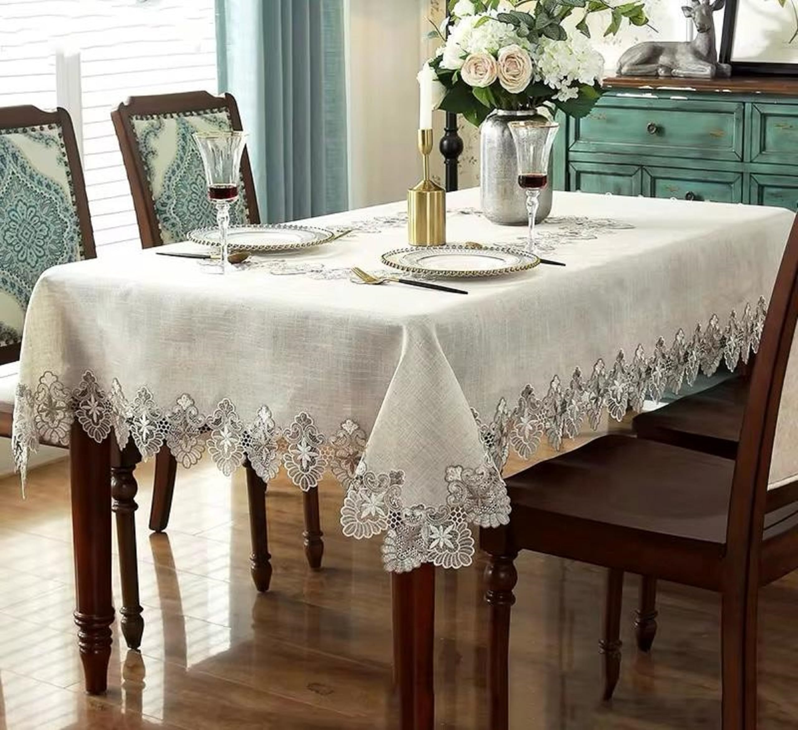 MONKDECOR Beautiful Cutwork Design Linen Table Cover for 6 Seater Dining Table | 60x90 Inches Rectangle | Grey Lace Border on Beige | Decorative Dining Tablecloth-image-43