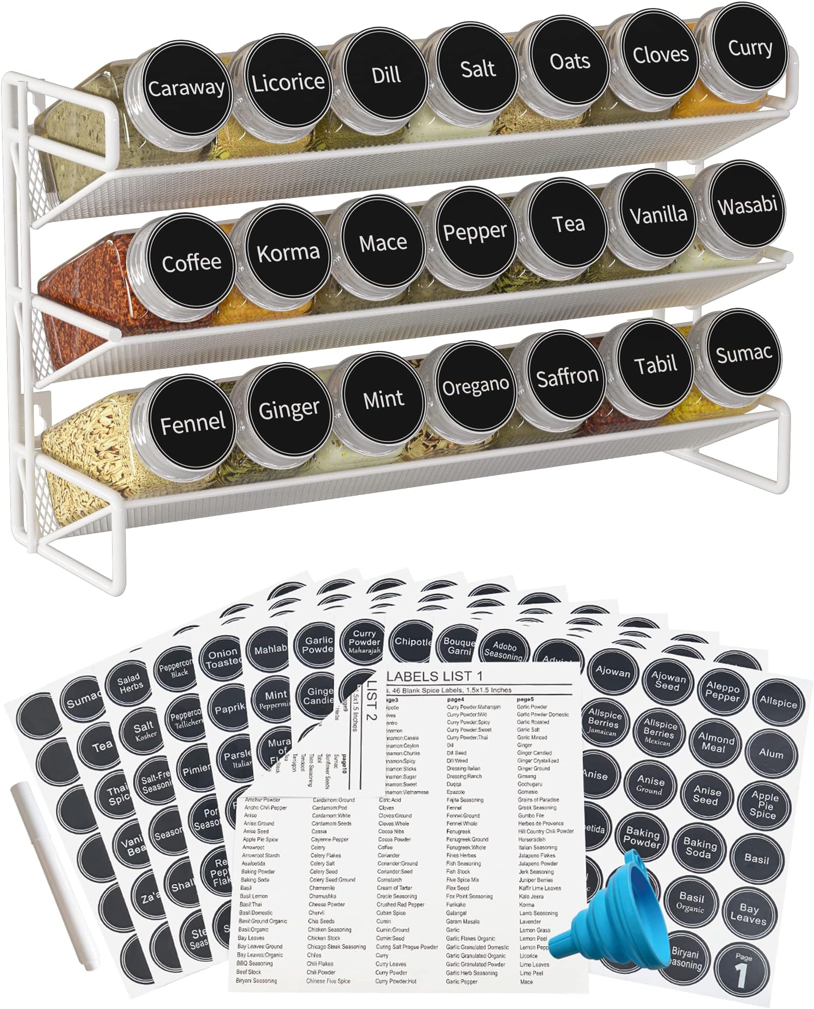 GONGSHI 3 Tier Spice Rack Organizer with 21 Empty Spice Jars, 386 Spice Labels, pen