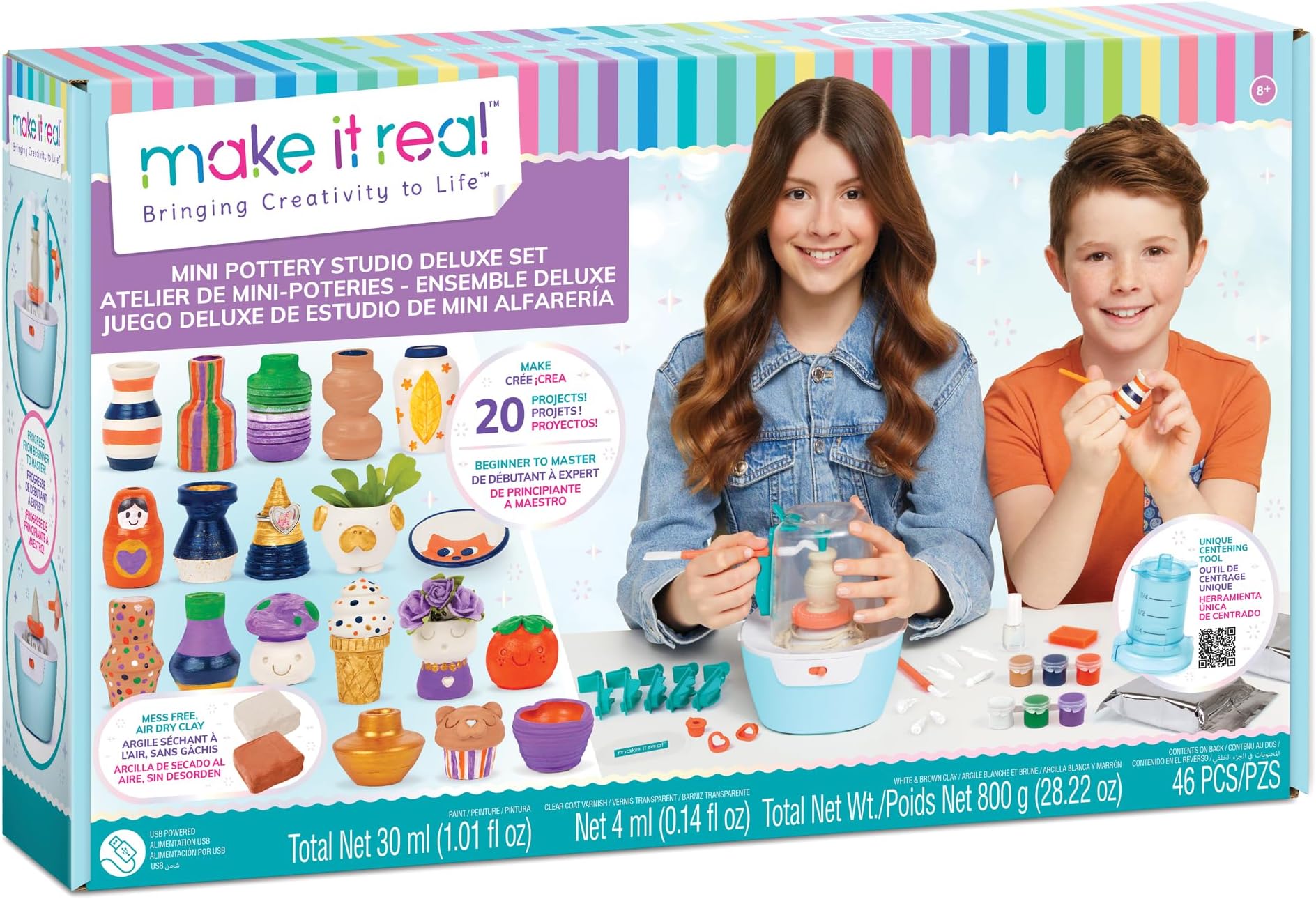 Make It Real: Mini Pottery Studio Deluxe Set - 46 pcs DIY Pottery Kit, Mess Free Air Dry Clay, 20 Projects, Tweens, Girls & Kids Ages 8+