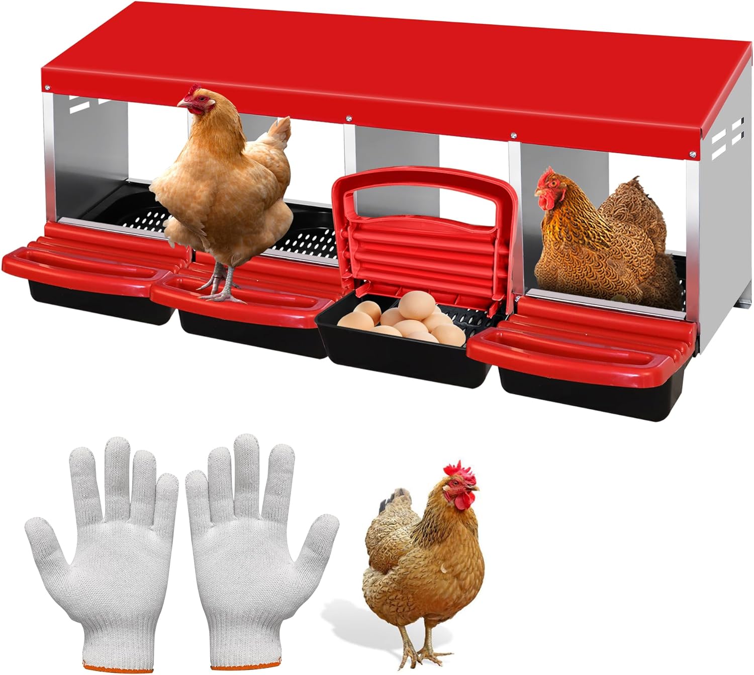 Nesting Boxes for Chicken Coop with 4 Compartment, Roll Out Chicken Nesting Boxes for Hens Poultry, Heavy Duty Chicken Laying Boxes with Egg Collection & Perch for Easy Picking Protecting Eggs 44.9"L x 20.5"W x 19.0"H