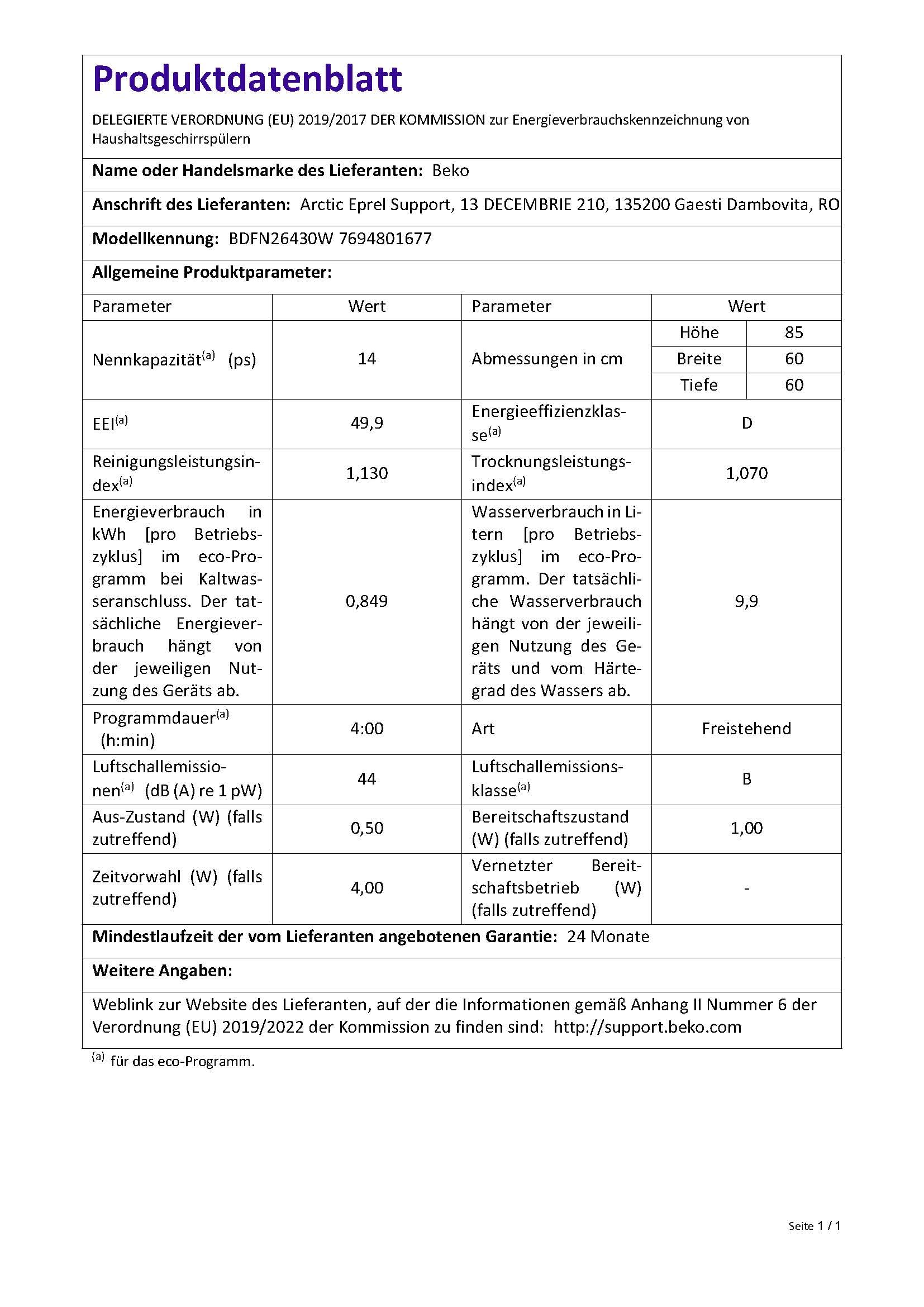 Beko BDFN26430W Geschirrspüler 60 cm, freistehend, unterbaufähig, für 14 Maßgedecke, 6 Programm, 4 Zusatzfunktionen, 3 Spülebenen, HygieneIntense, SelfDry, Programm für Halbe Beladung, Weiß