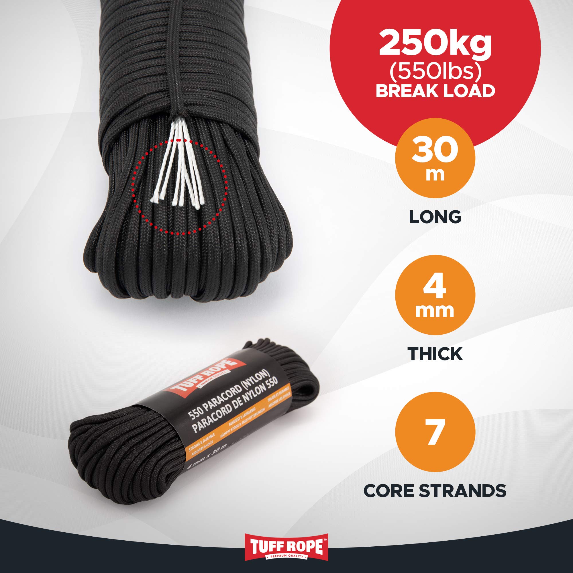 Paracorde TUFF ROPE 550 Nylon 100 M - Corde Solide 7 Brins, Charge 250 Kg, Pour Survie Et Extérieur