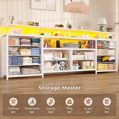 Miniatura 6 de Cómoda con soporte para TV de 65 pulgadas, cómoda de 63 pulgadas de ancho con luces LED y estación de carga, cómoda larga blanca con 12 cajones de