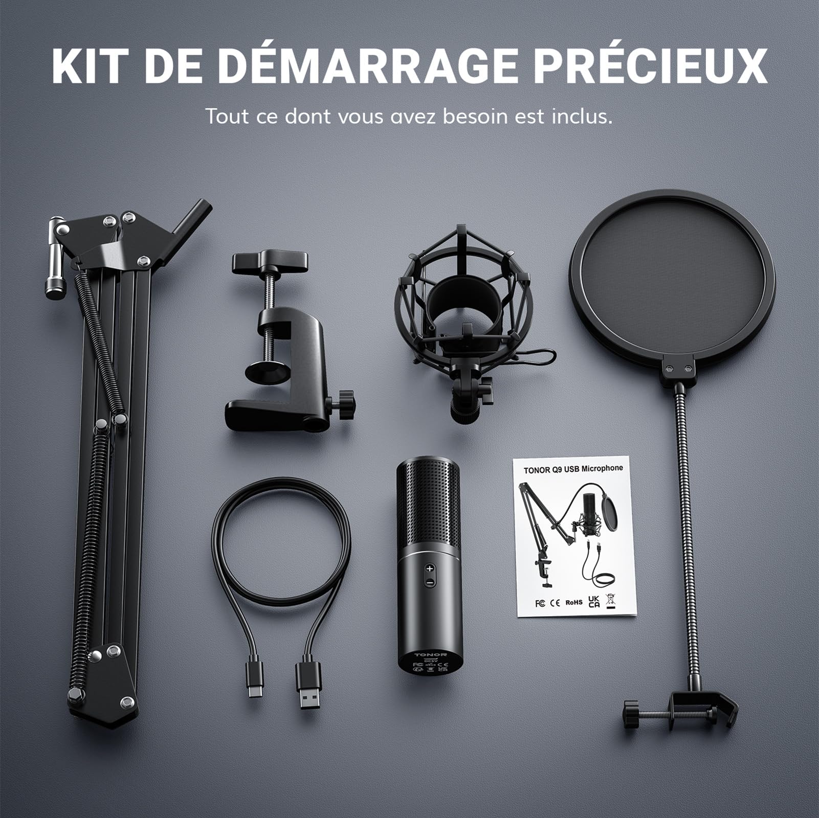 TONOR Microphone PC PC USB Micro Podcast avec fonction rénale avec support de bras, Brodcasting Mic Studio Micro, Microphone d'enregistrement en streaming, YouTube Twitch, Q9 Nouveau modèle